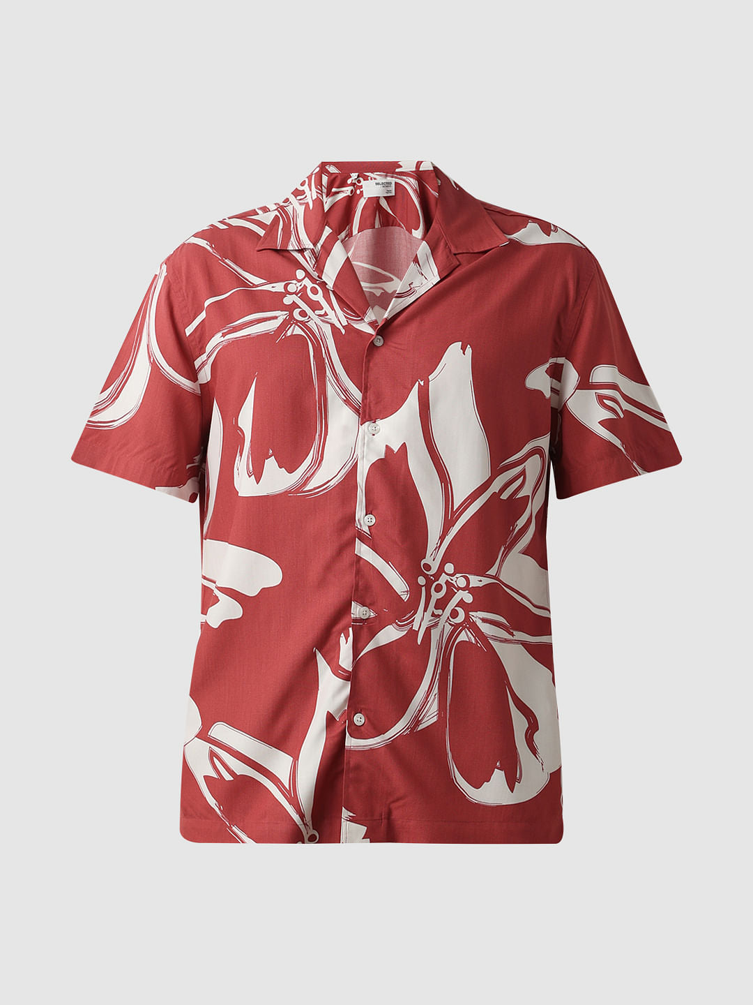 Red Floral Cuban Collar Short Sleeves Shirt