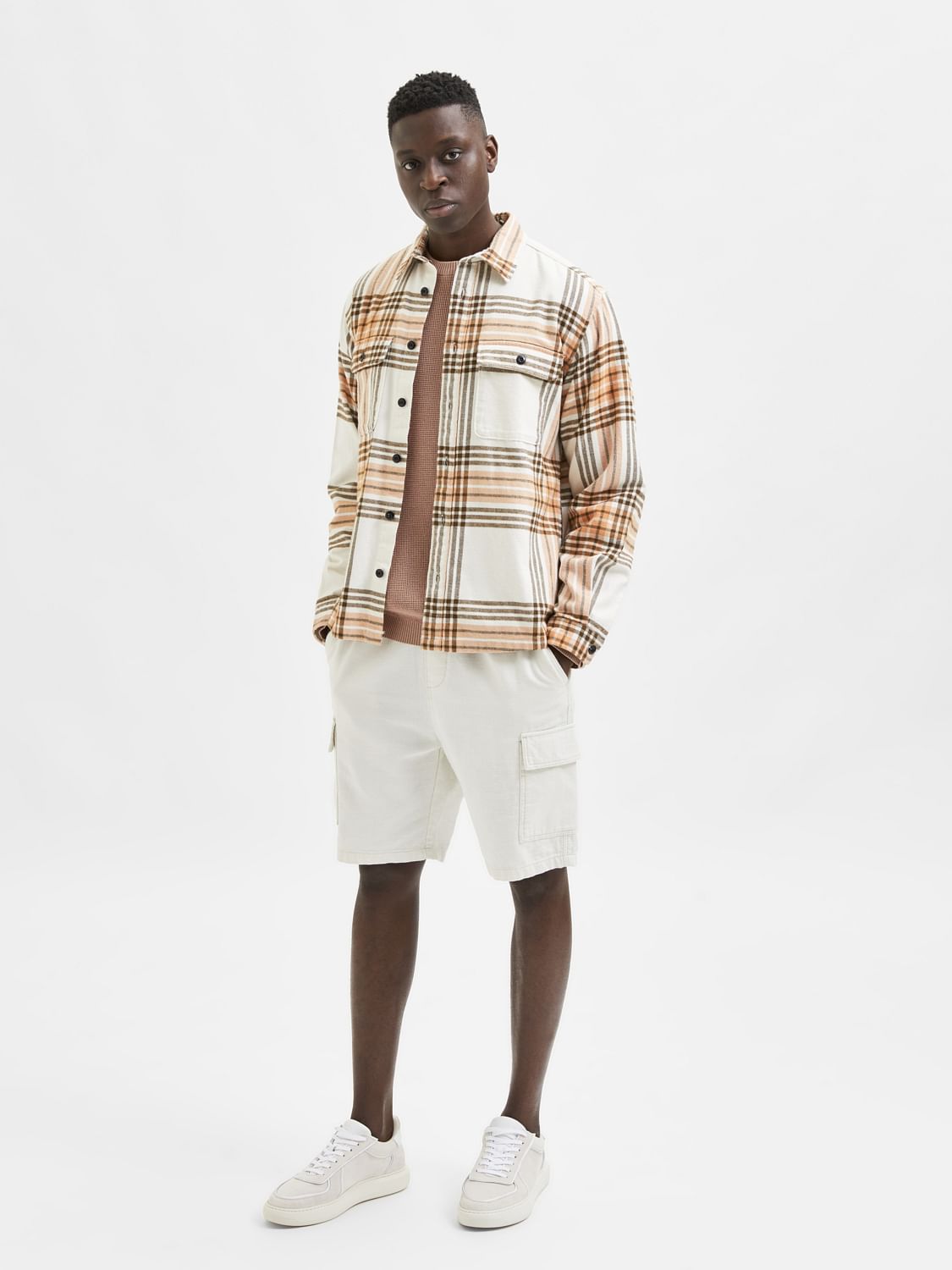Beige Organic Cotton Checks Overshirt
