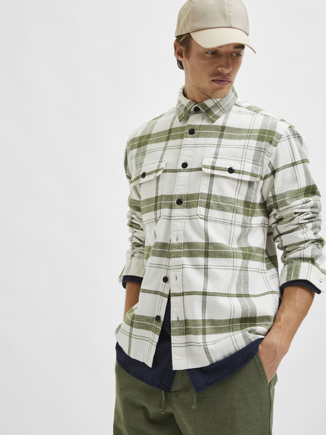 White Organic Cotton Checks Overshirt
