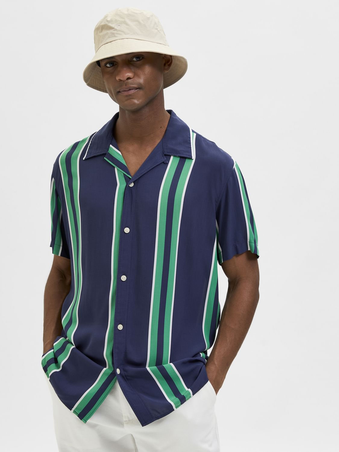 Blue Striped Cuban Collar Short Sleeves Shirt