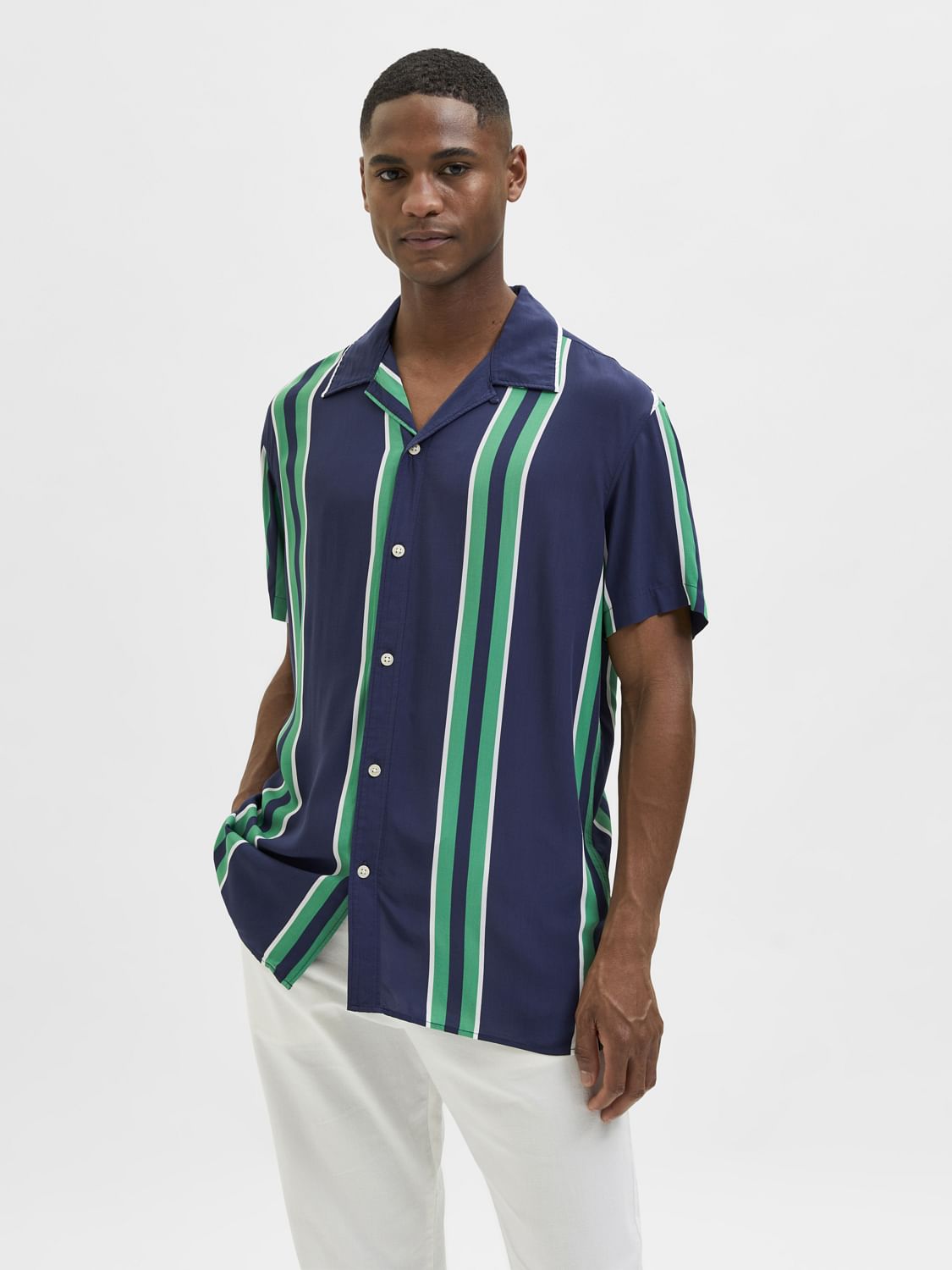Blue Striped Cuban Collar Short Sleeves Shirt
