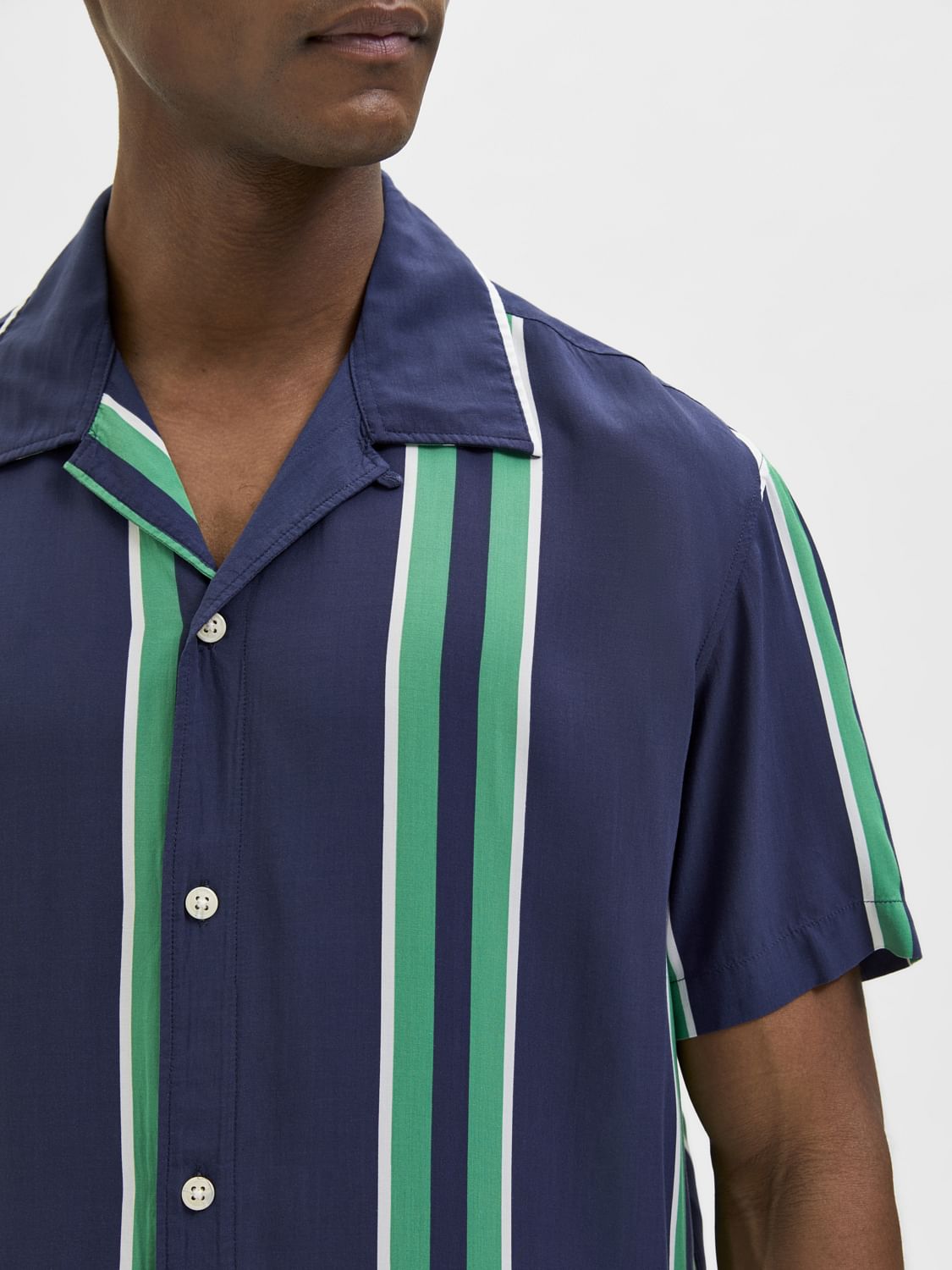 Blue Striped Cuban Collar Short Sleeves Shirt