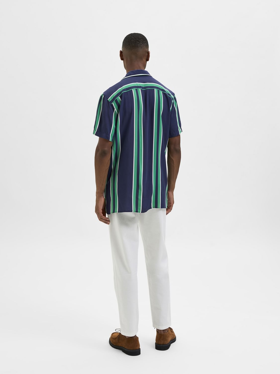 Blue Striped Cuban Collar Short Sleeves Shirt