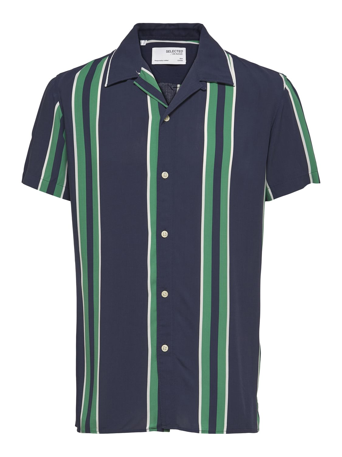 Blue Striped Cuban Collar Short Sleeves Shirt