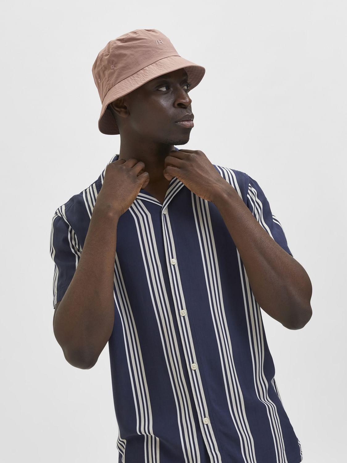 Blue Striped Cuban Collar Short Sleeves Shirt
