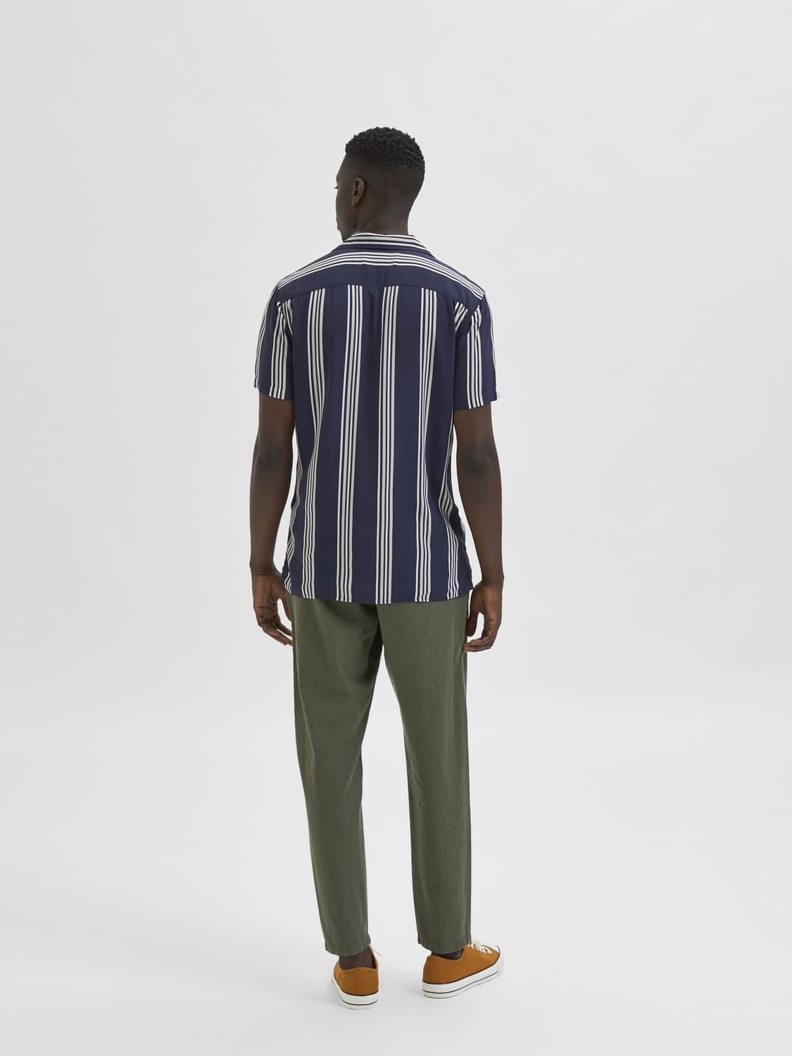 Blue Striped Cuban Collar Short Sleeves Shirt