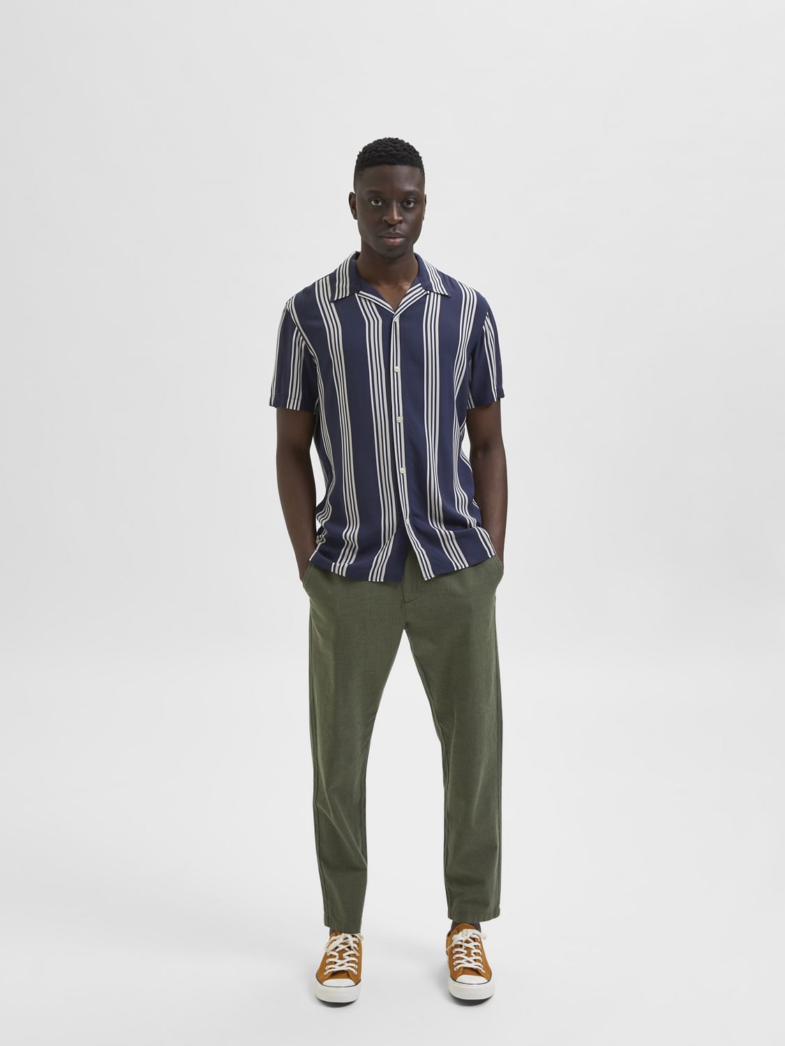 Blue Striped Cuban Collar Short Sleeves Shirt