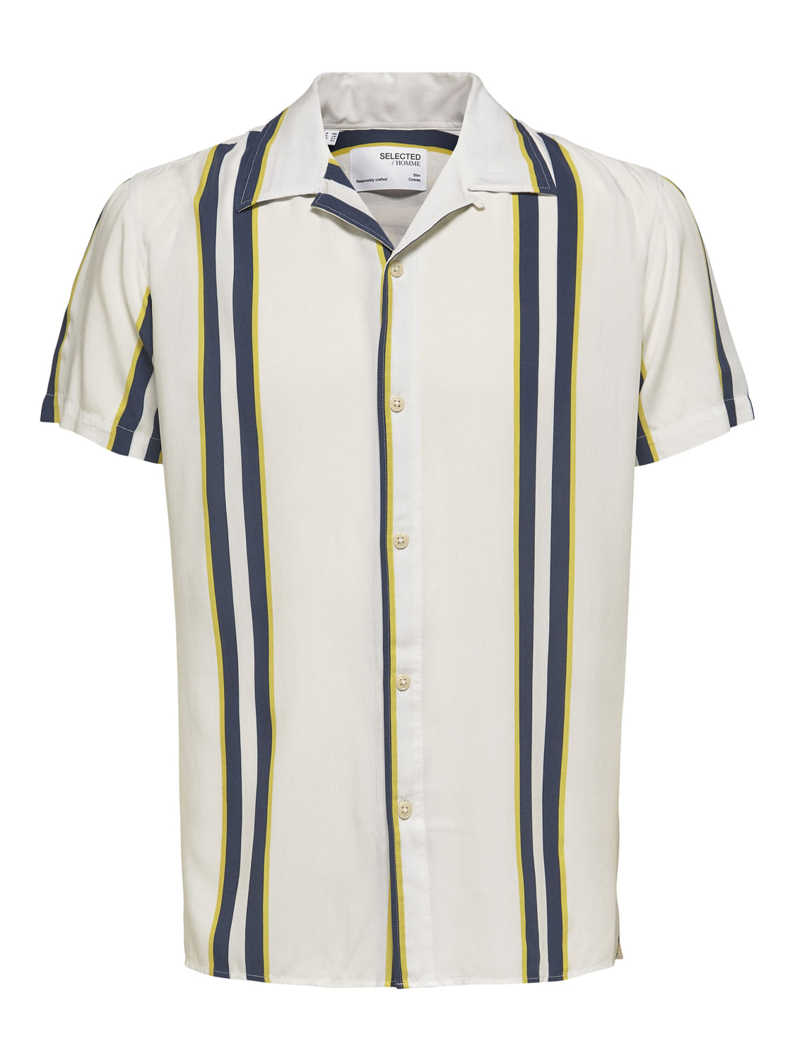 White Striped Cuban Collar Short Sleeves Shirt