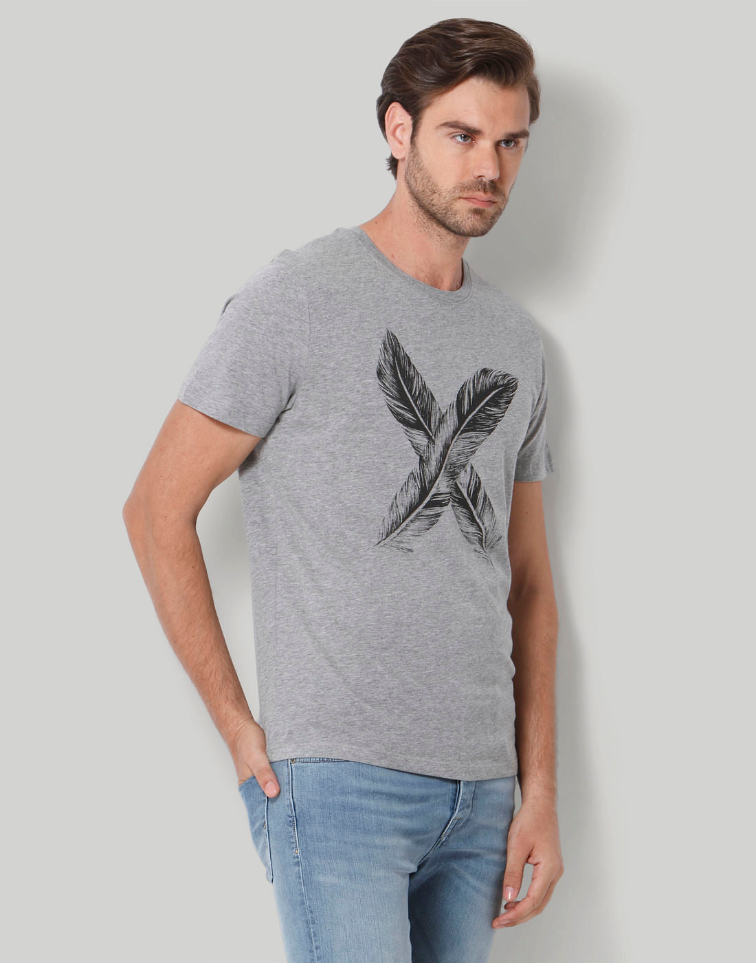Grey Printed Crew Neck T-Shirt
