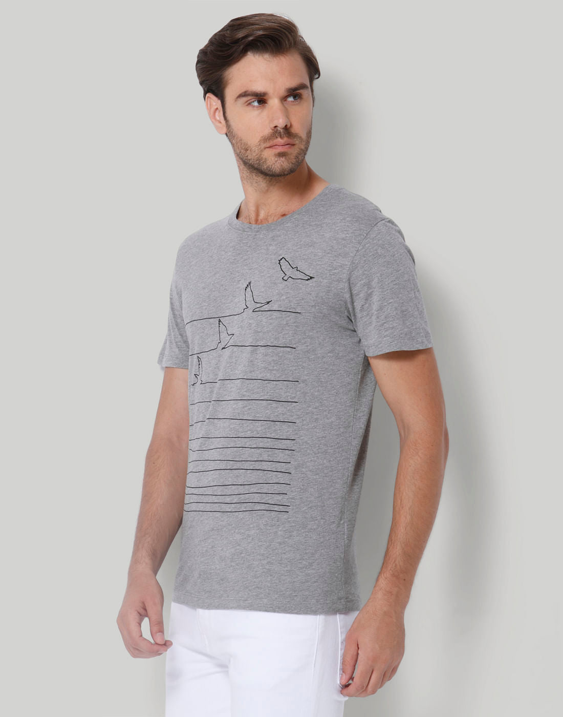 Grey Printed Crew Neck T-Shirt