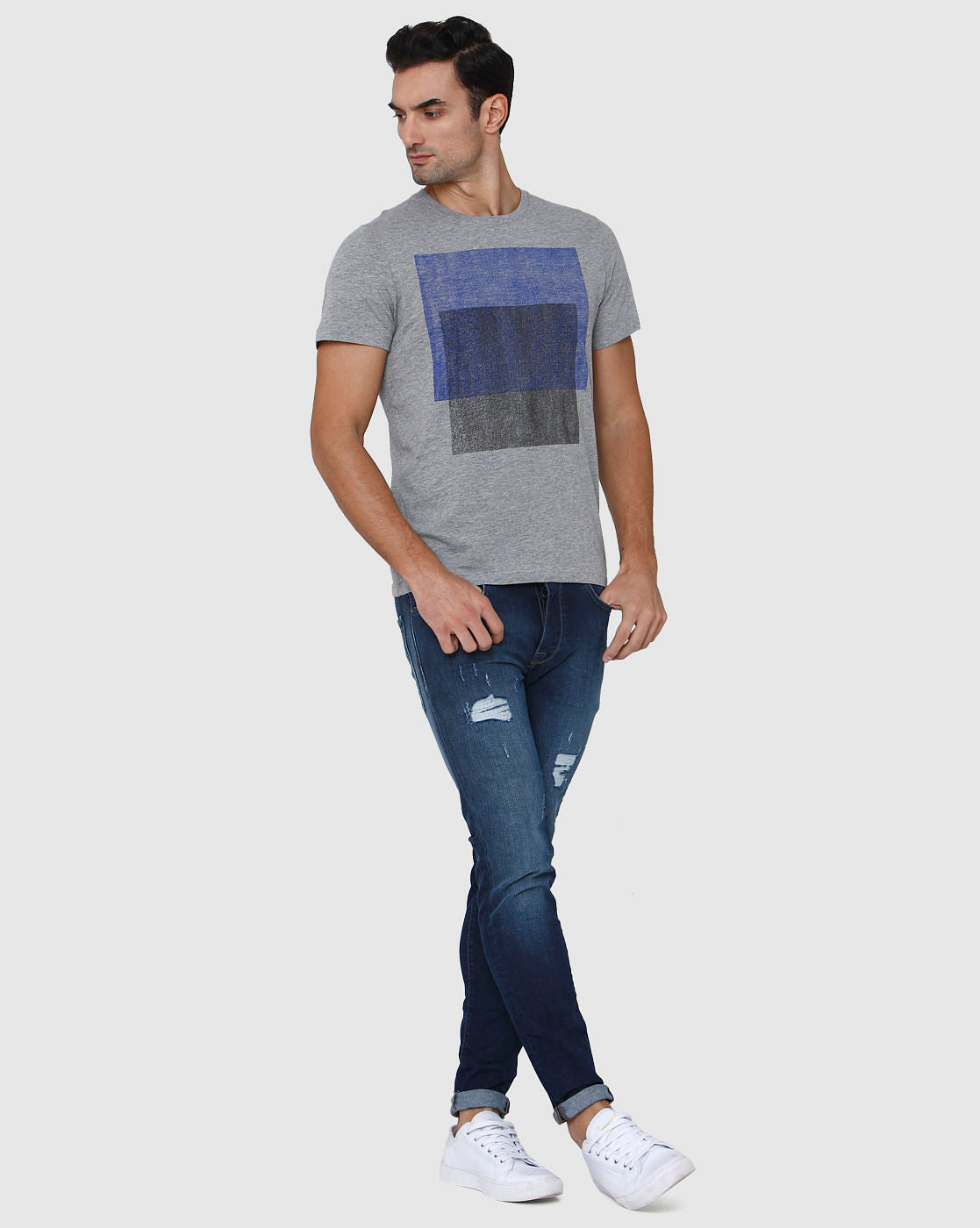Grey Printed Crew Neck T-Shirt