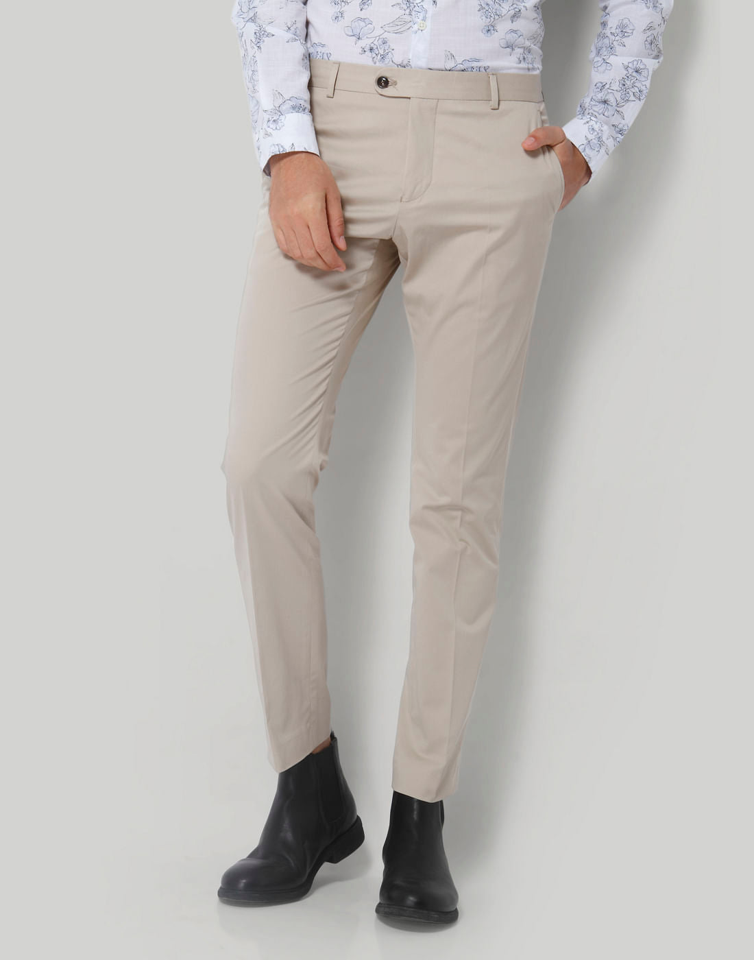 Beige Mid Rise Slim Fit Trousers