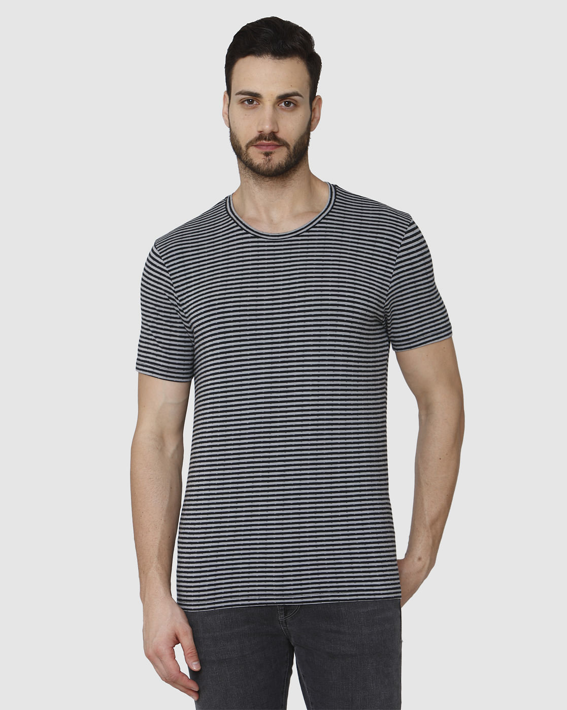 Grey Striped Crew Neck T-Shirt