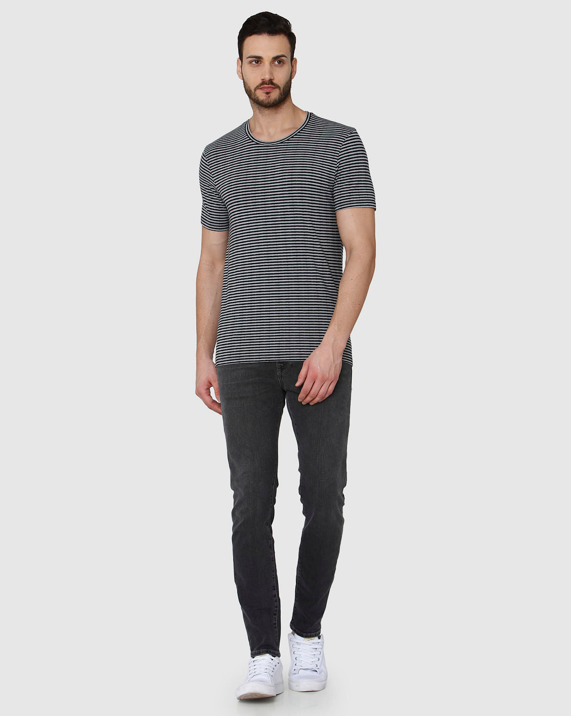 Grey Striped Crew Neck T-Shirt