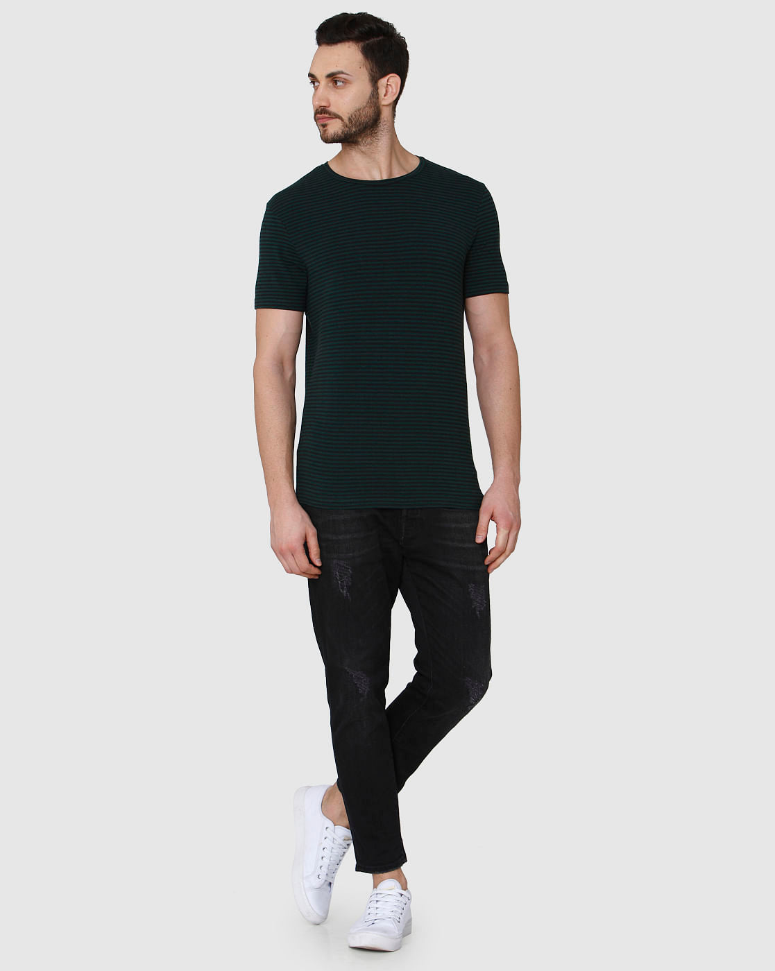 Green Striped Crew Neck T-Shirt
