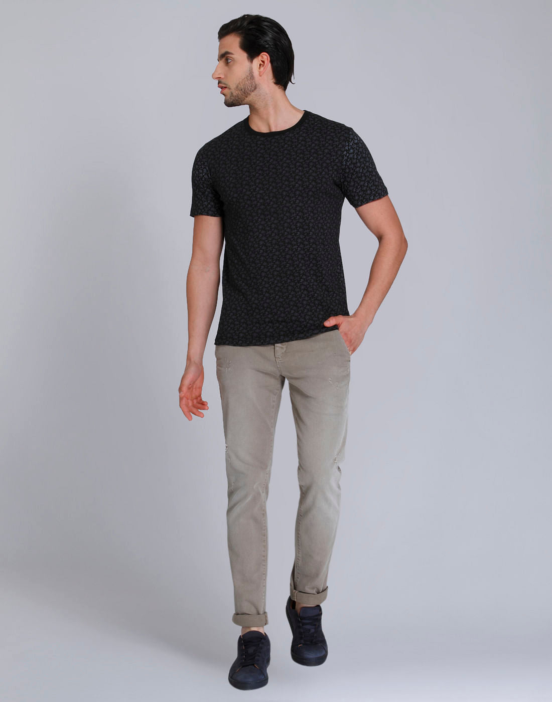 Black Floral Print Crew Neck T-Shirt
