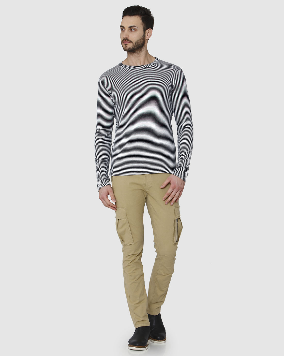 Grey Striped Crew Neck T-Shirt