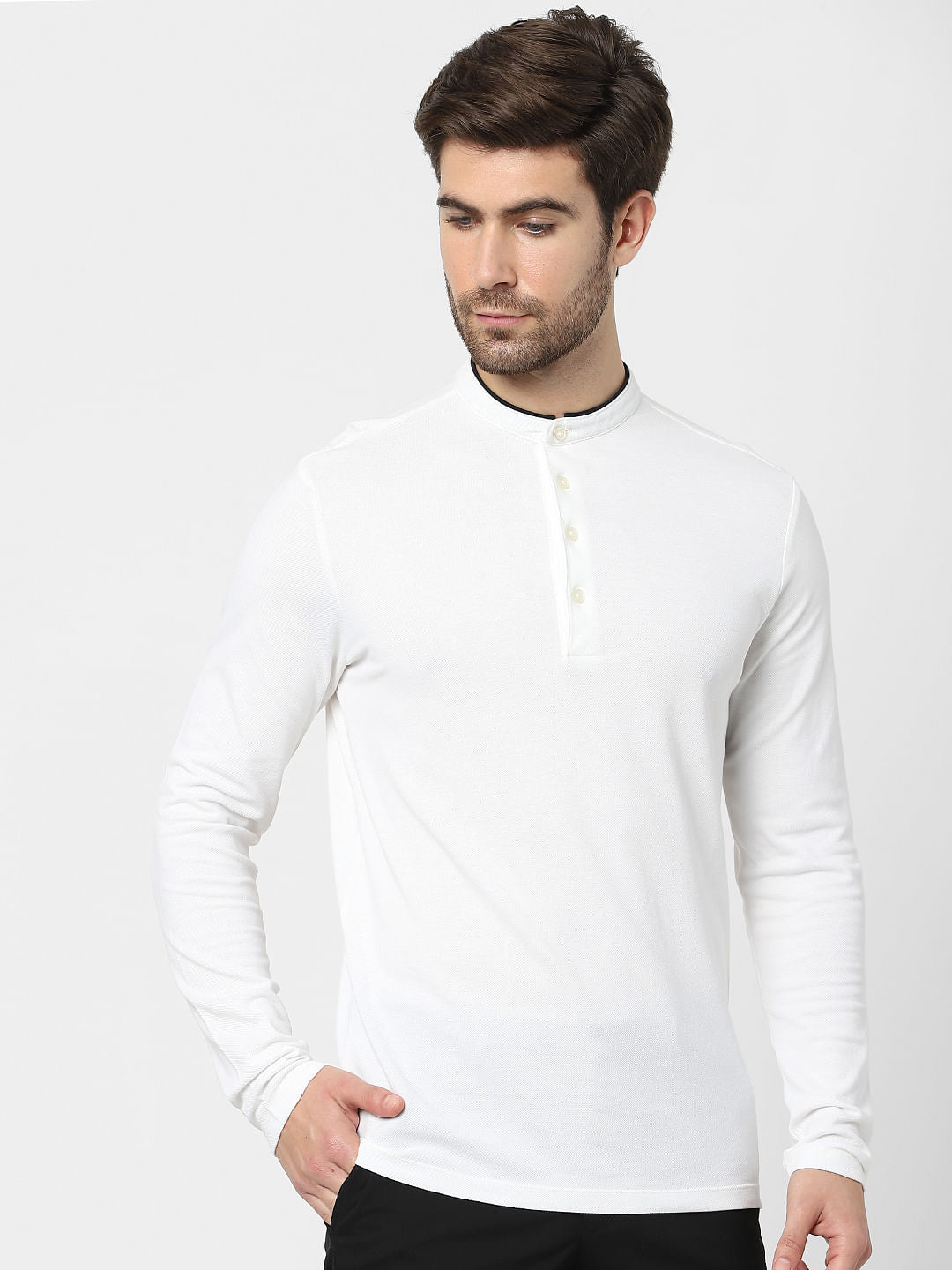 White Full Sleeves Polo Neck T-Shirt