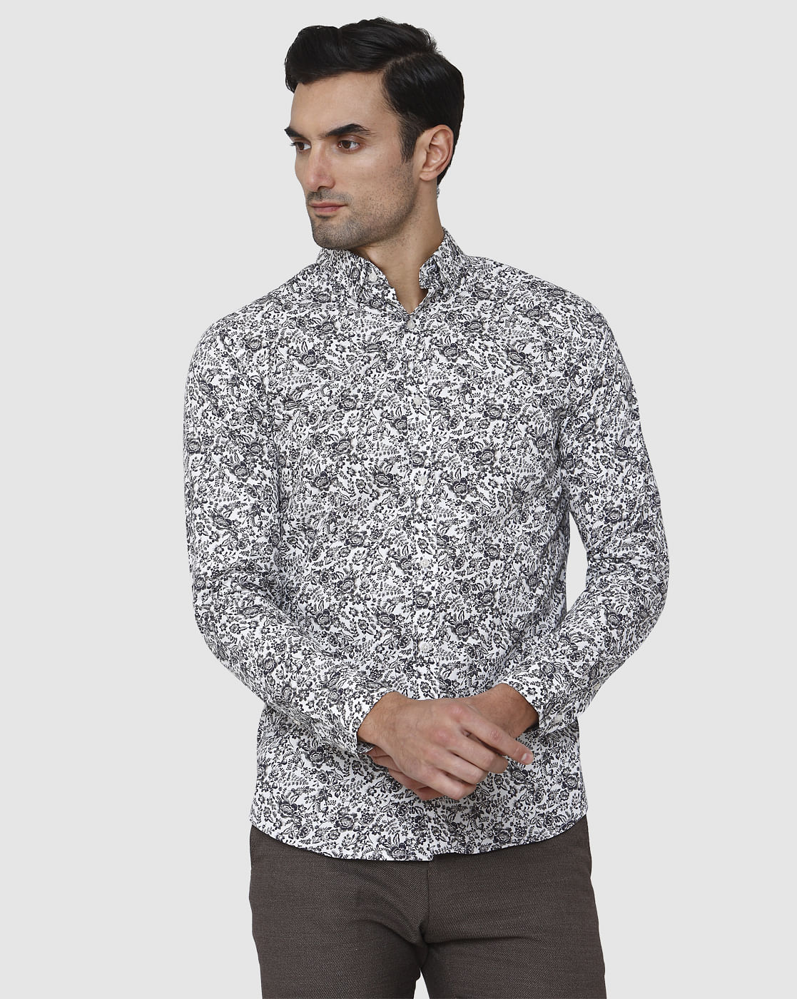 White Floral Print Full Sleeves Shirt