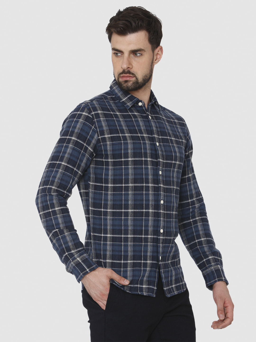 Navy Blue Check Full Sleeves Shirt