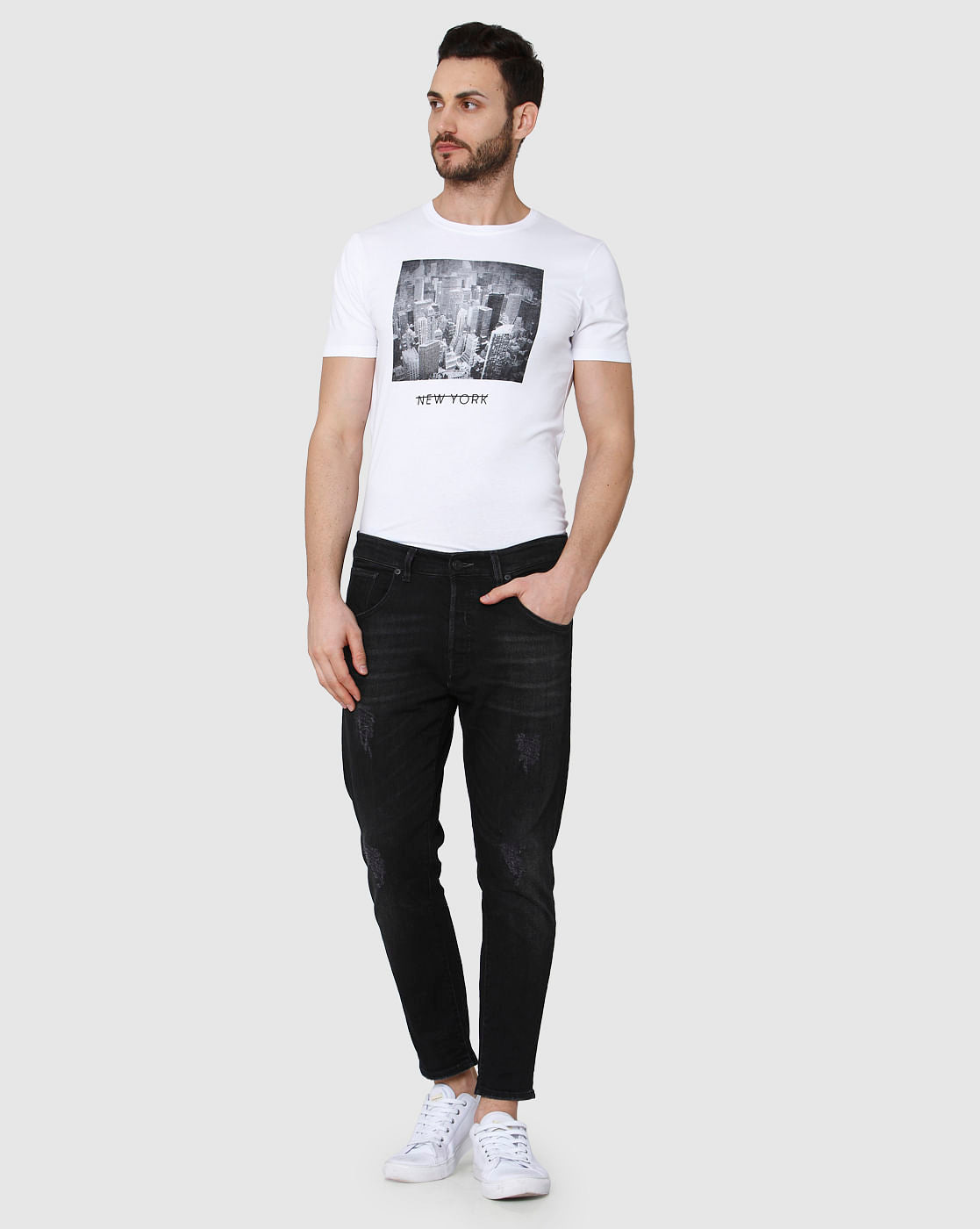 Black Distressed Regular Fit Jeans