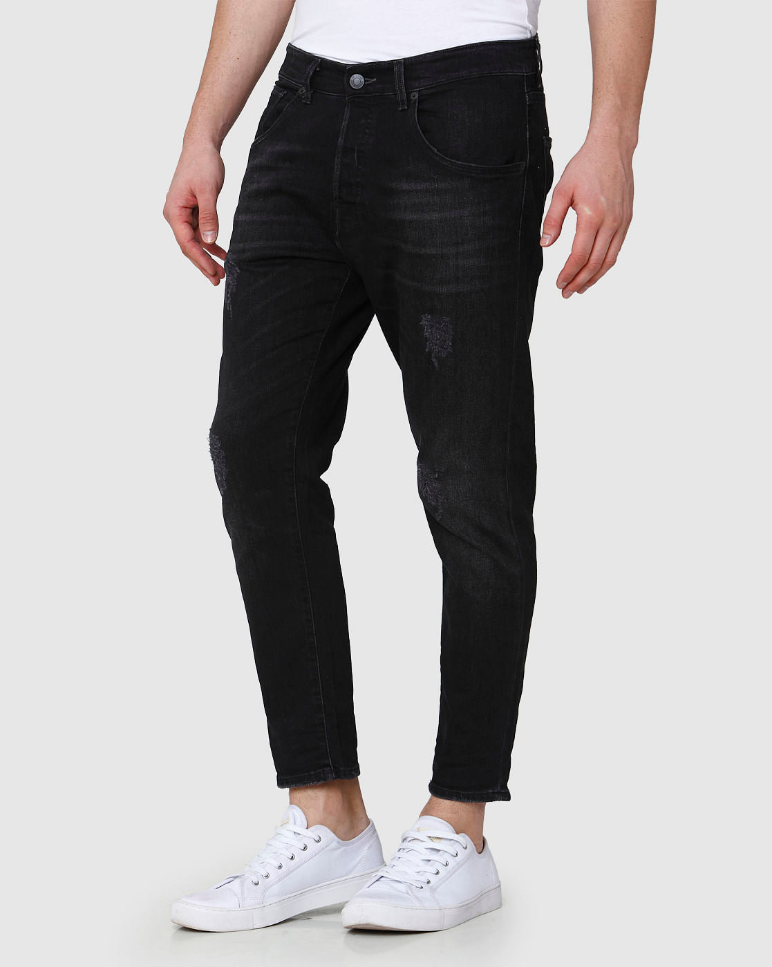 Black Distressed Regular Fit Jeans