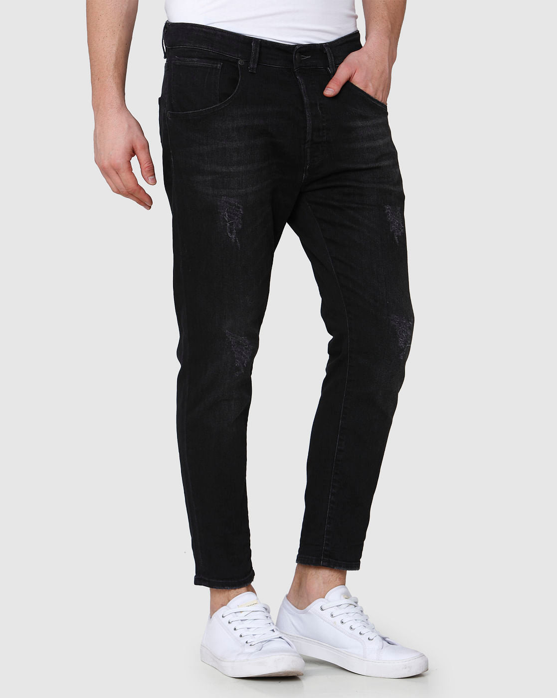 Black Distressed Regular Fit Jeans