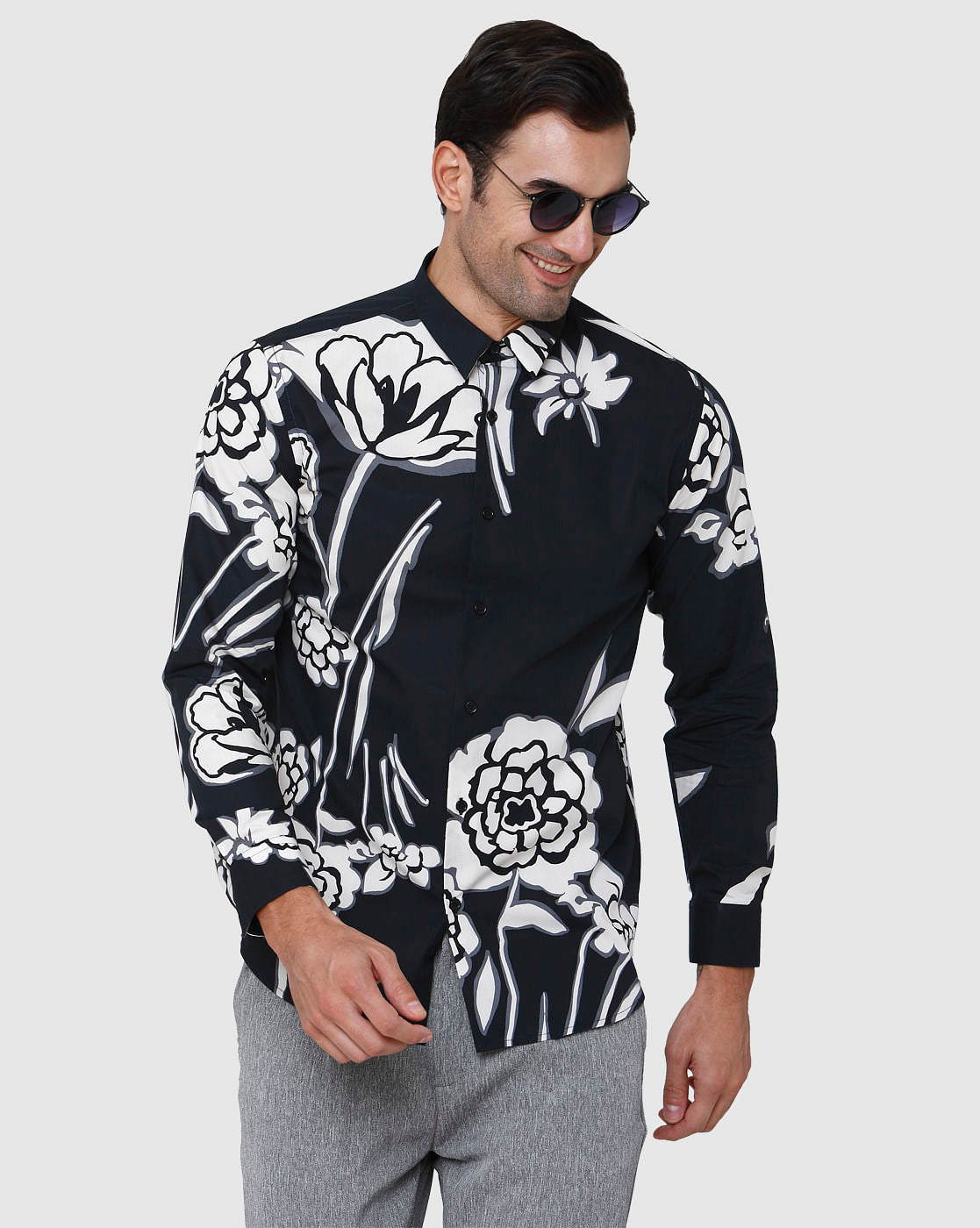 Black Floral Print Full Sleeves Shirt