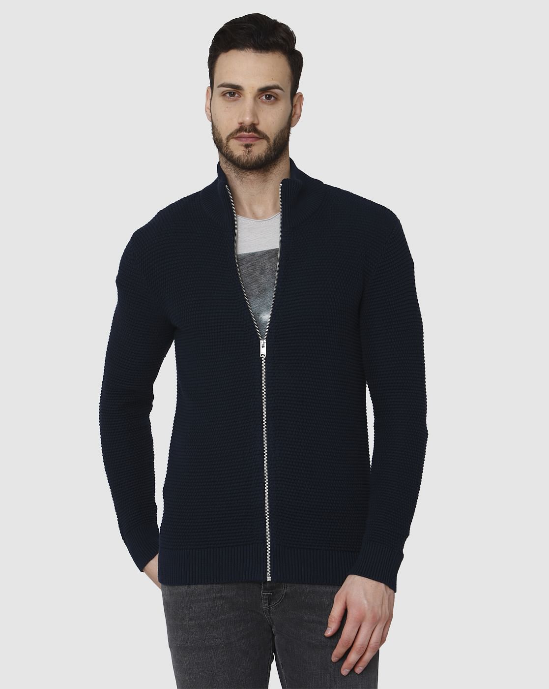 Navy Blue Zipped Cardigan