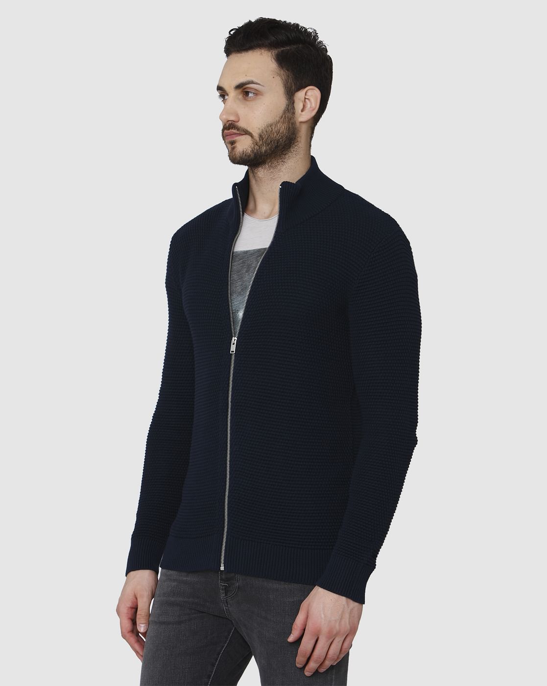Navy Blue Zipped Cardigan
