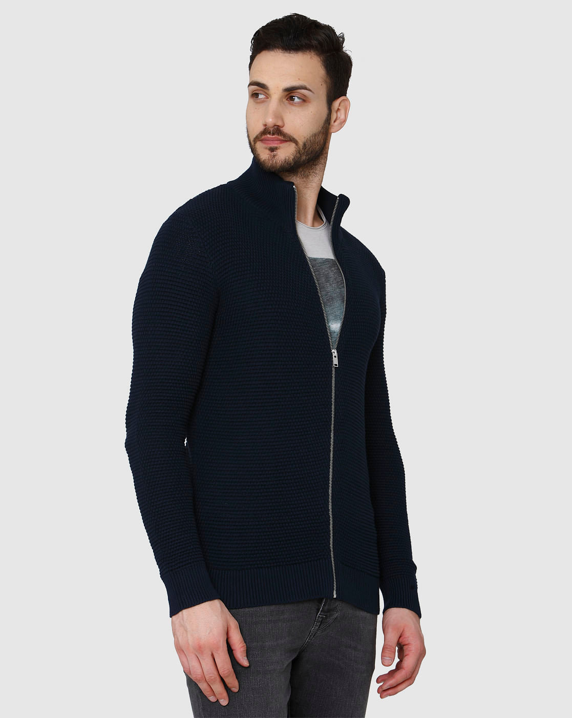 Navy Blue Zipped Cardigan