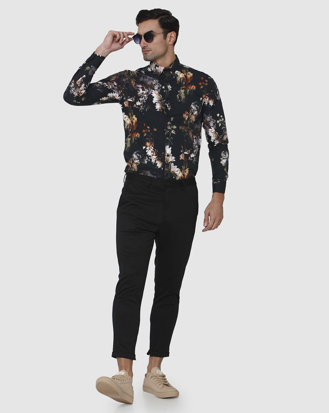 Black Floral Print Full Sleeves Shirt