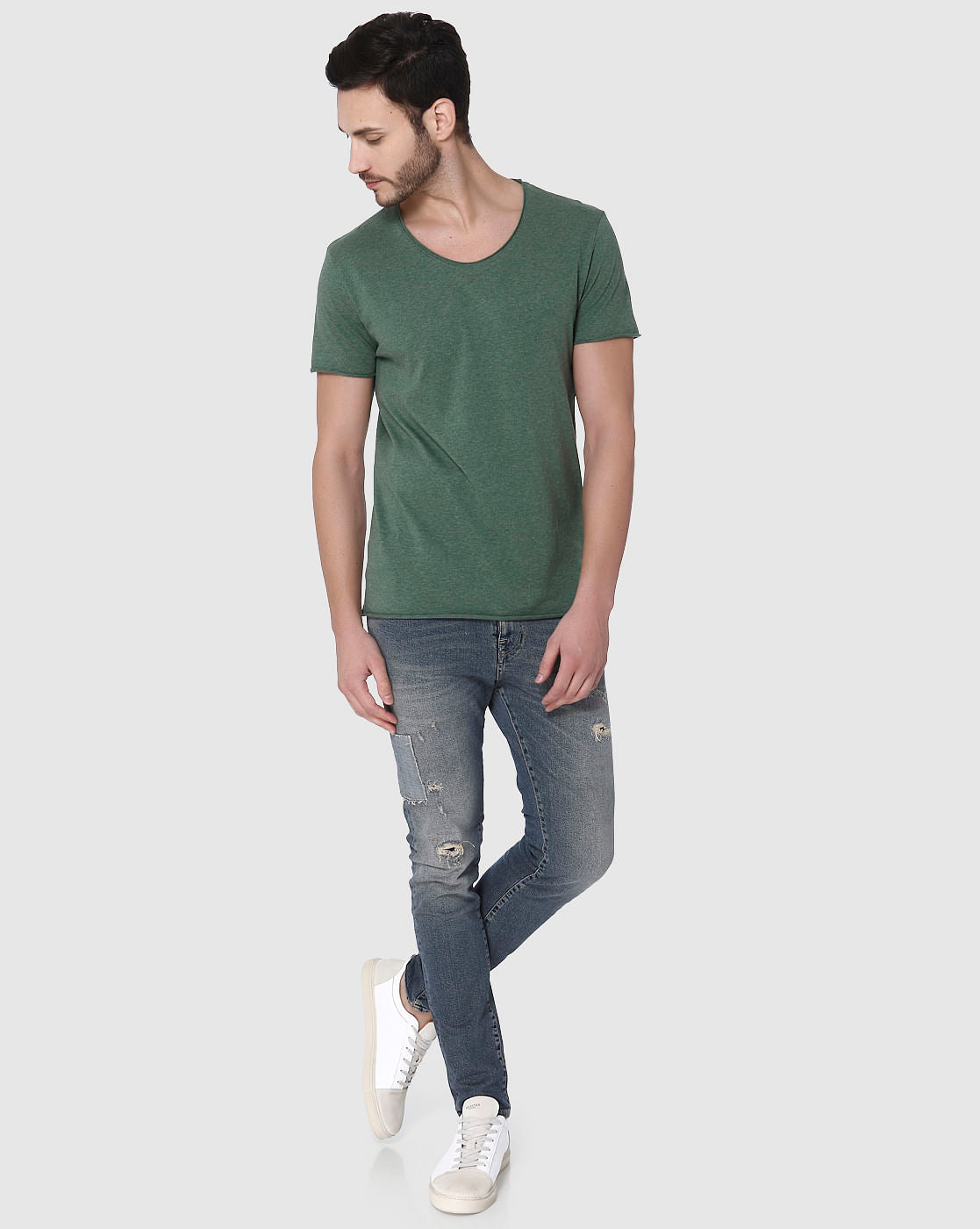 Green Raw Edge Crew Neck T-Shirt