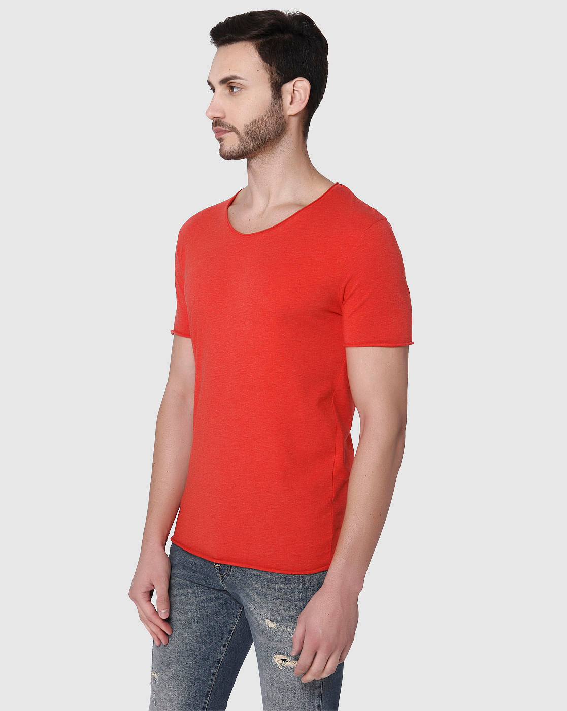 Red Raw Edge Crew Neck T-Shirt