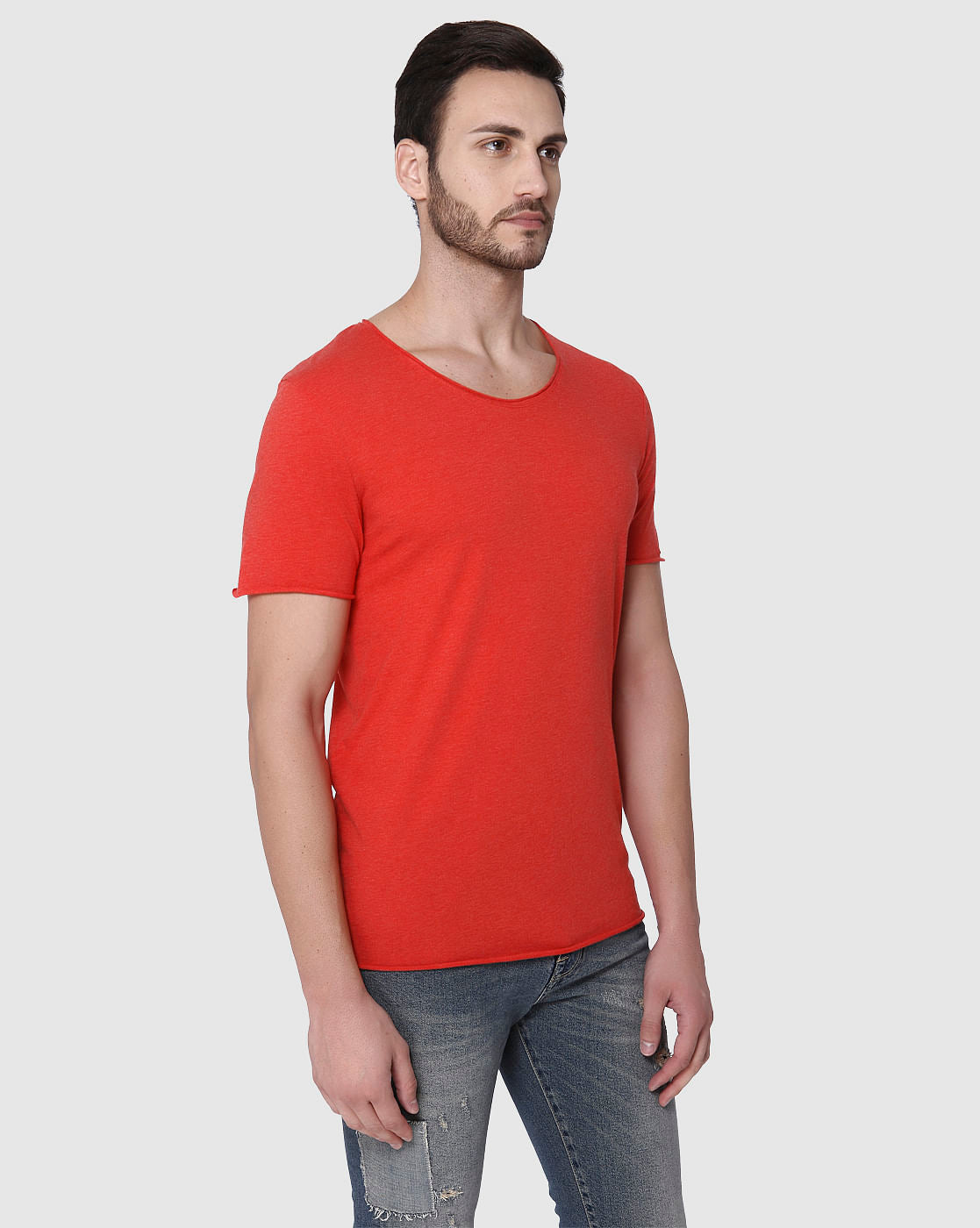 Red Raw Edge Crew Neck T-Shirt