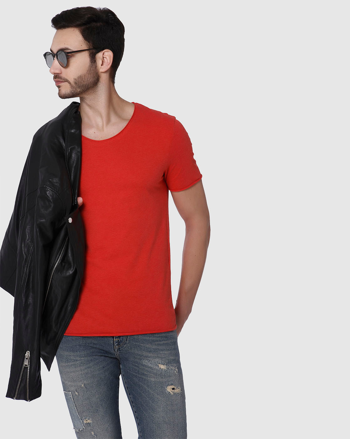 Red Raw Edge Crew Neck T-Shirt