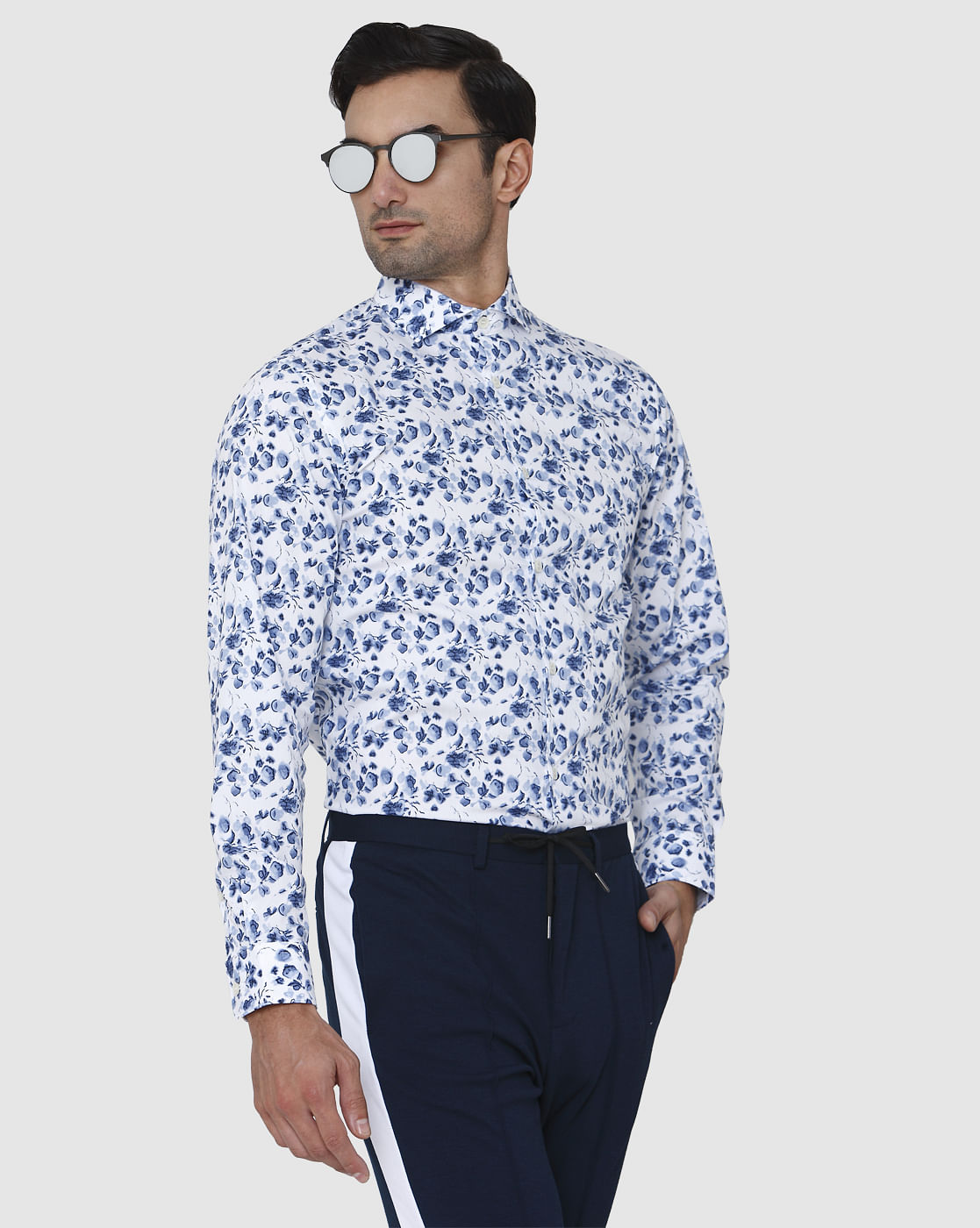 White Floral Print Full Sleeves Shirt