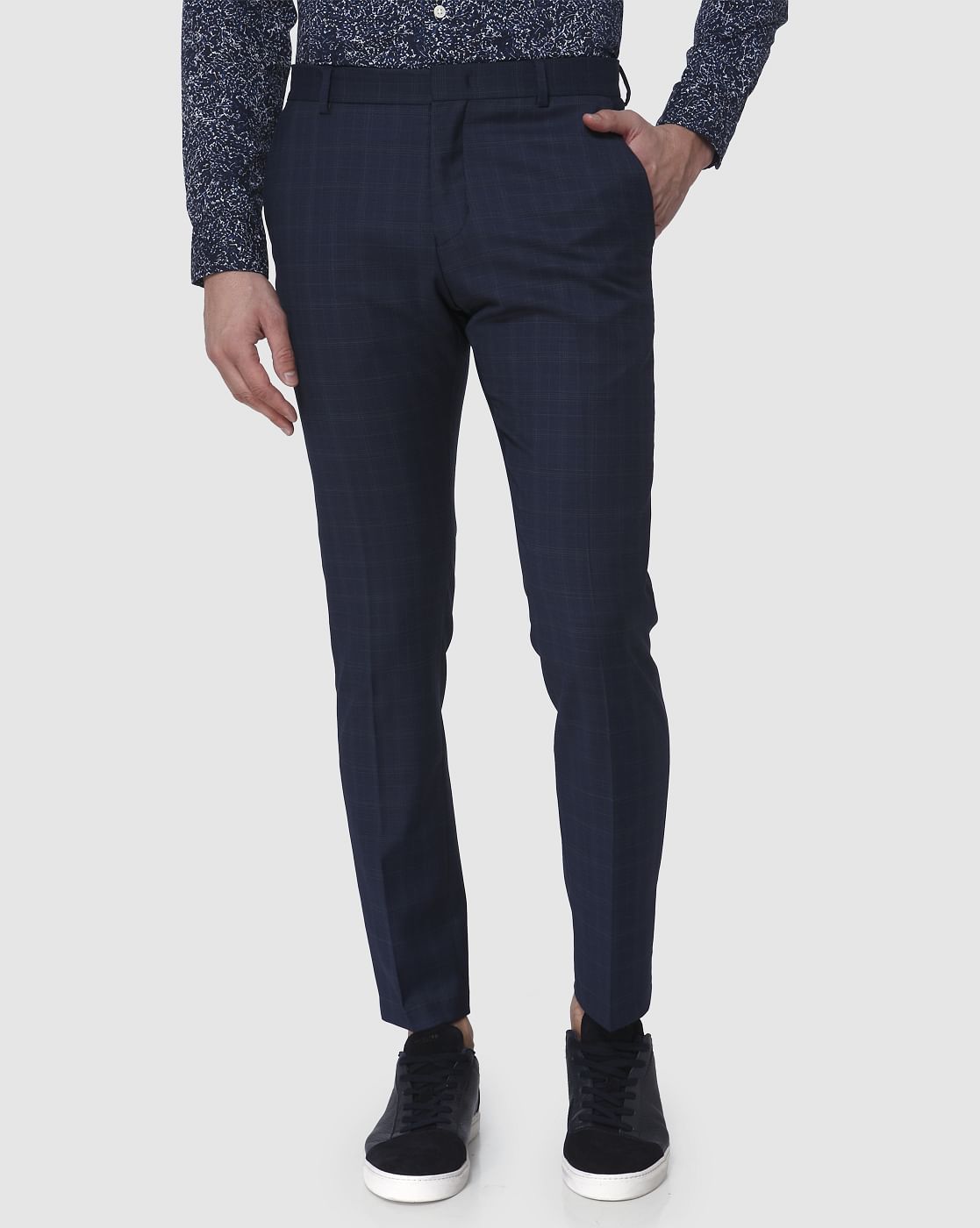 Navy Blue Check Formal Trousers