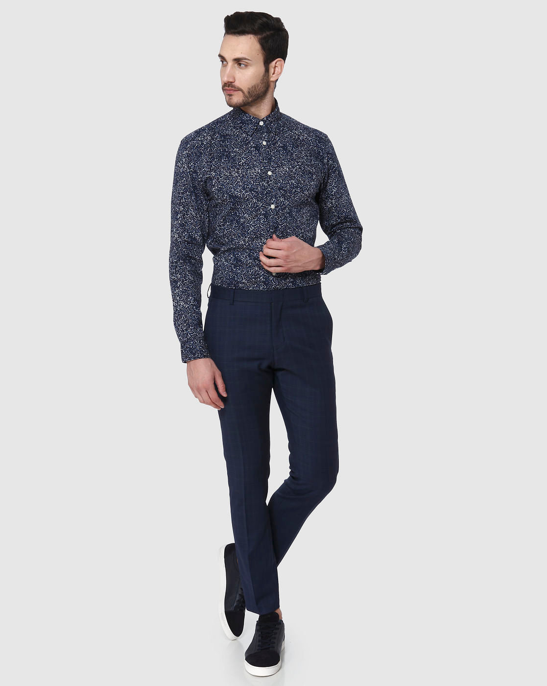 Navy Blue Check Formal Trousers