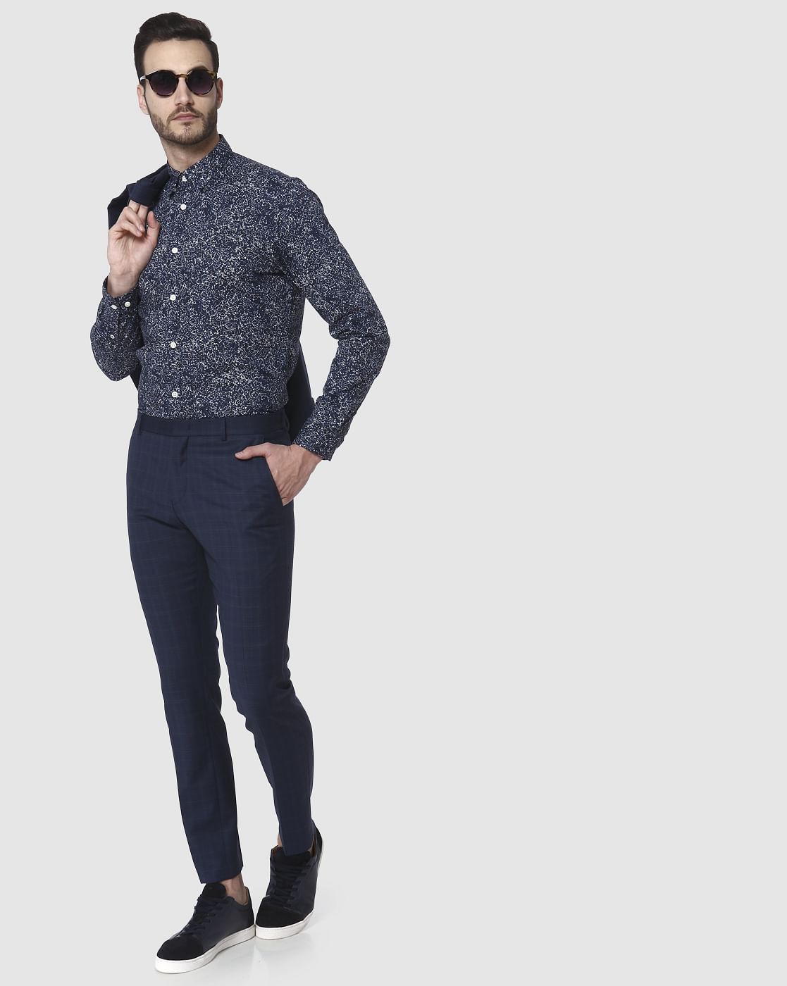 Navy Blue Check Formal Trousers