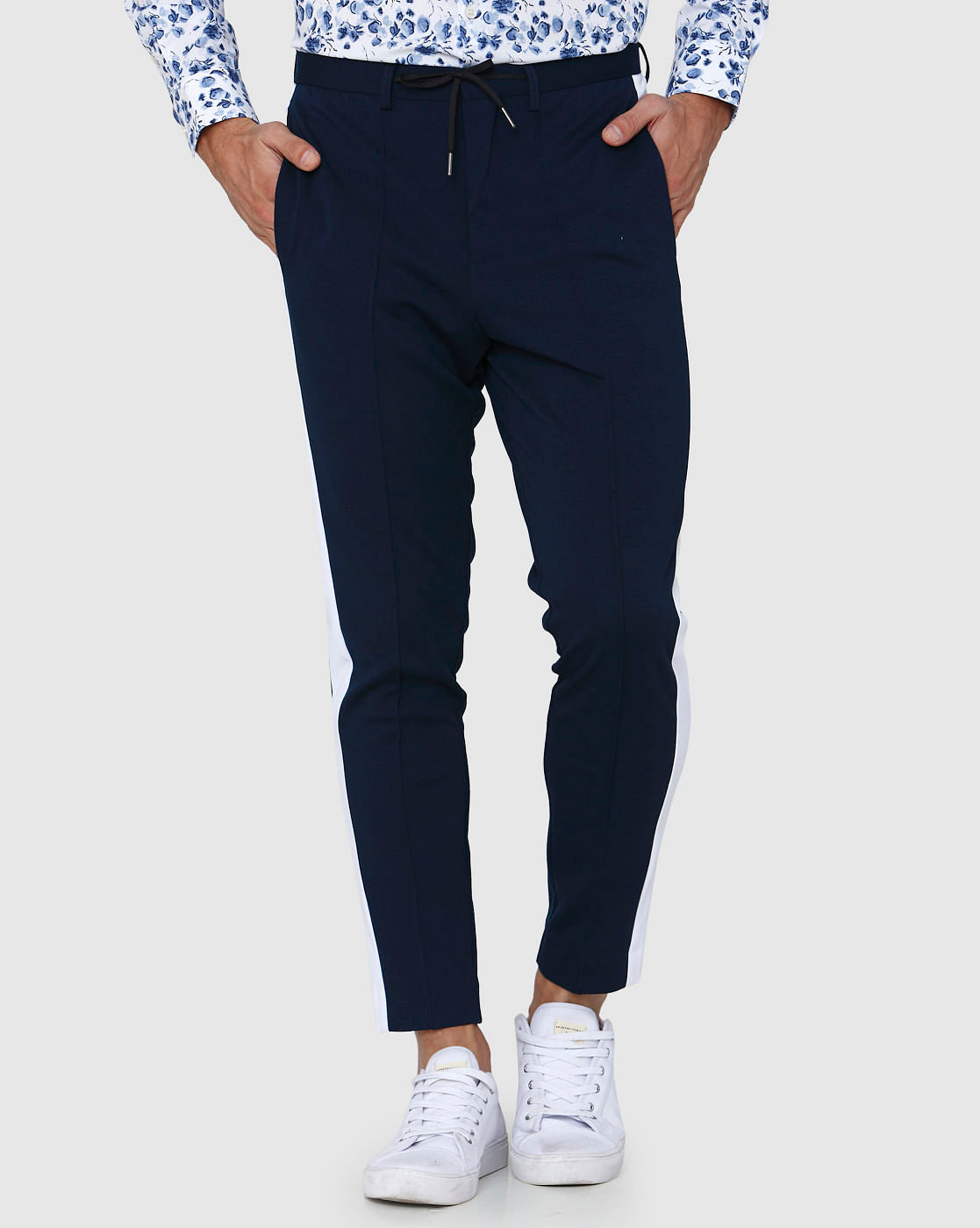 Navy Blue Tape Detail Tapered Fit Trousers