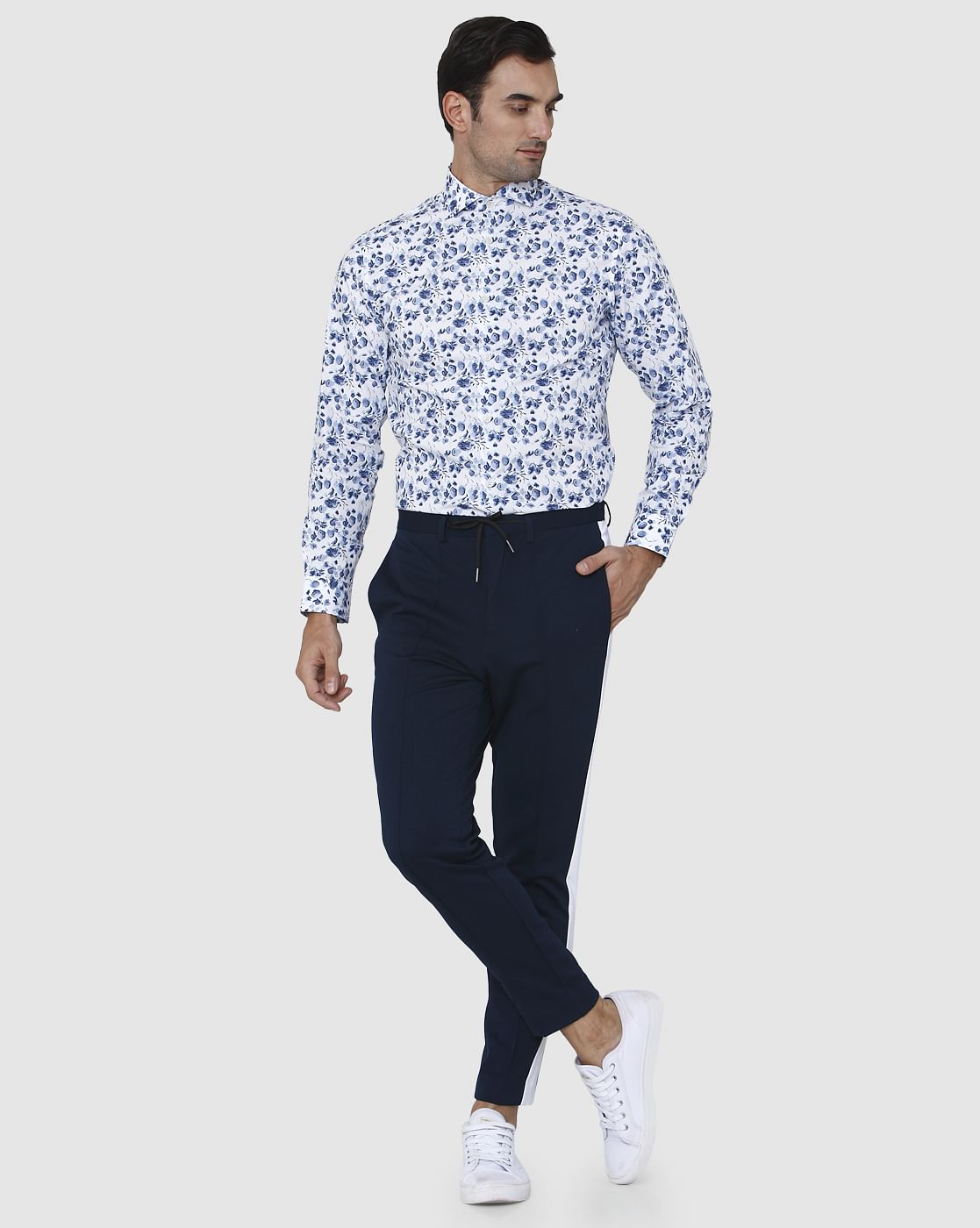 Navy Blue Tape Detail Tapered Fit Trousers