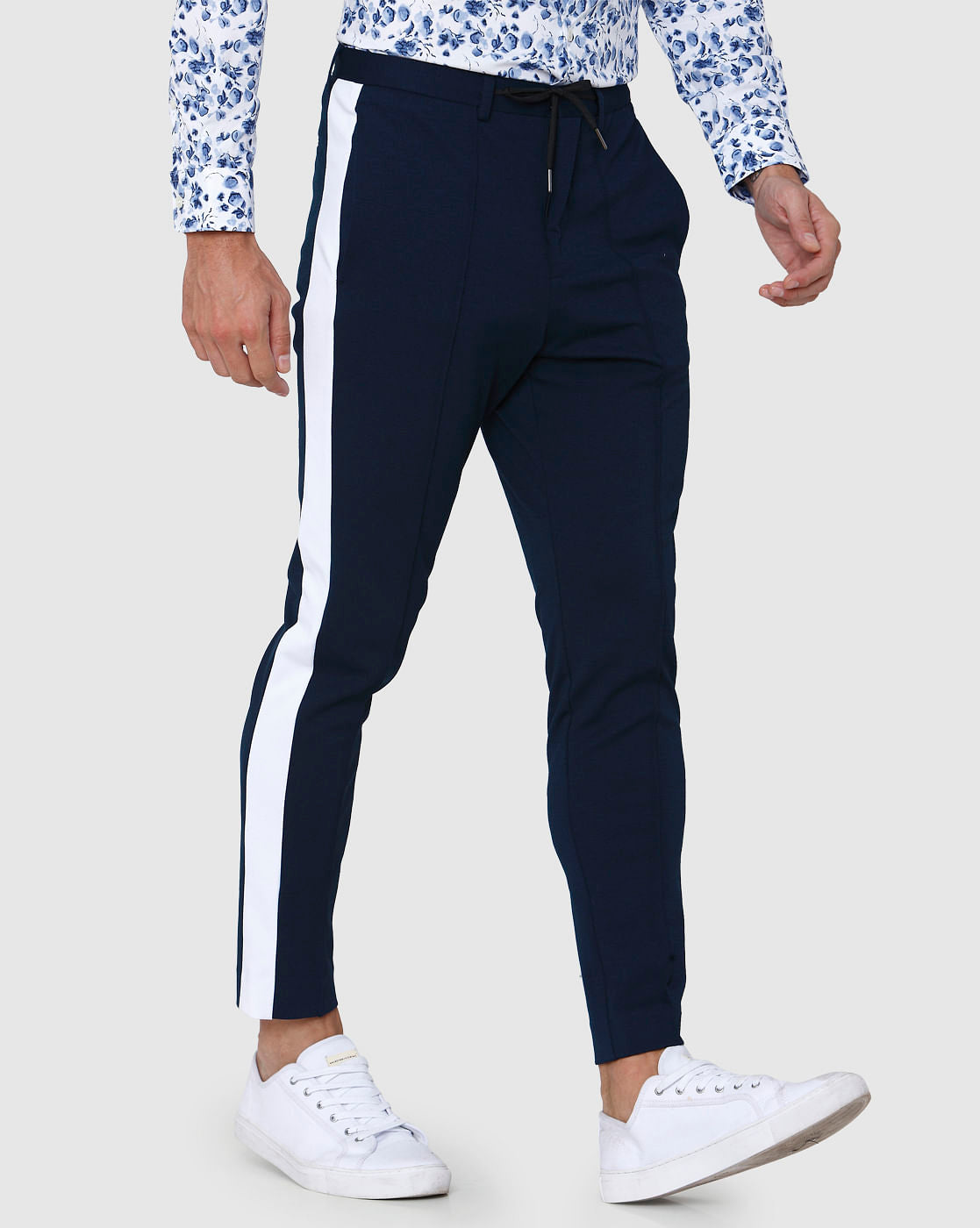 Navy Blue Tape Detail Tapered Fit Trousers