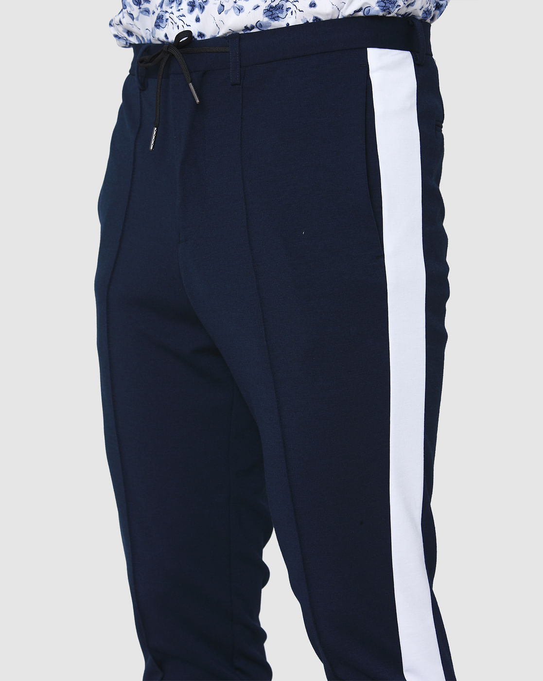 Navy Blue Tape Detail Tapered Fit Trousers