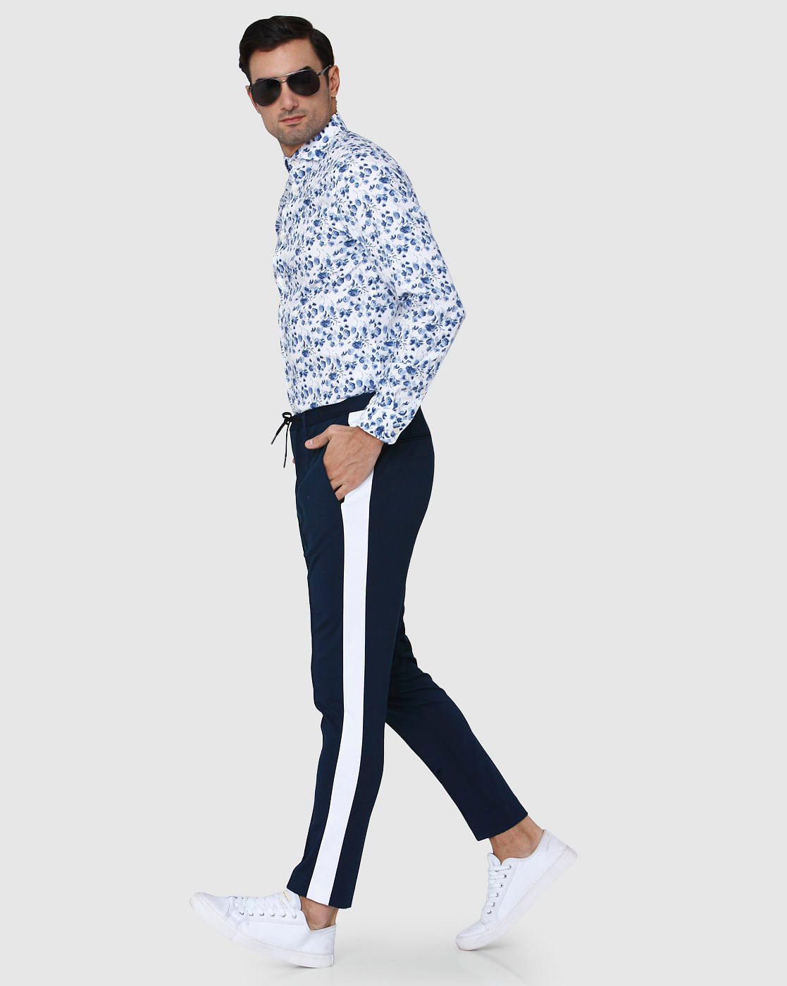 Navy Blue Tape Detail Tapered Fit Trousers