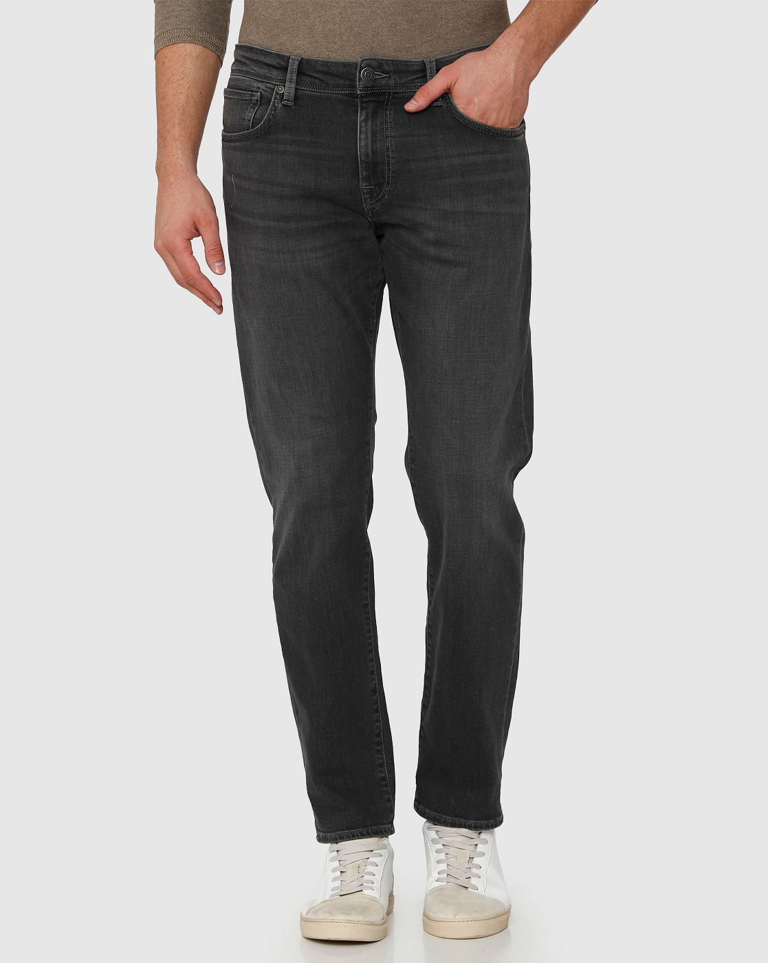 Grey Mid Rise Faded Scott Straight Fit Jeans