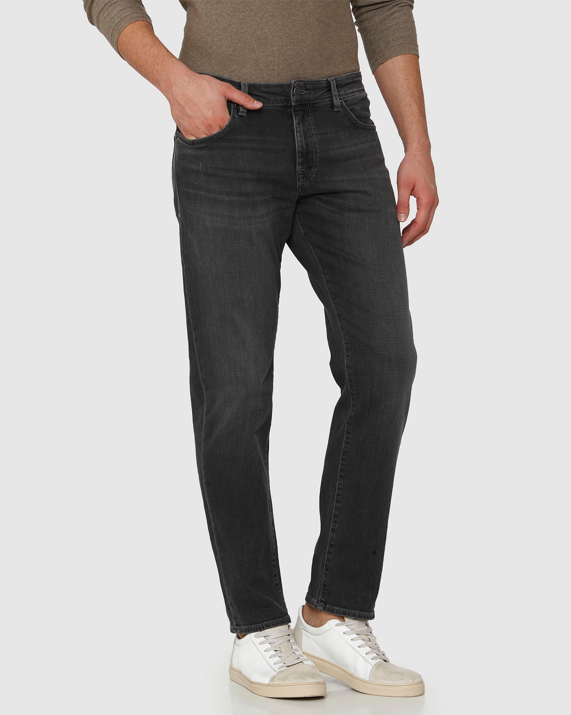 Grey Mid Rise Faded Scott Straight Fit Jeans