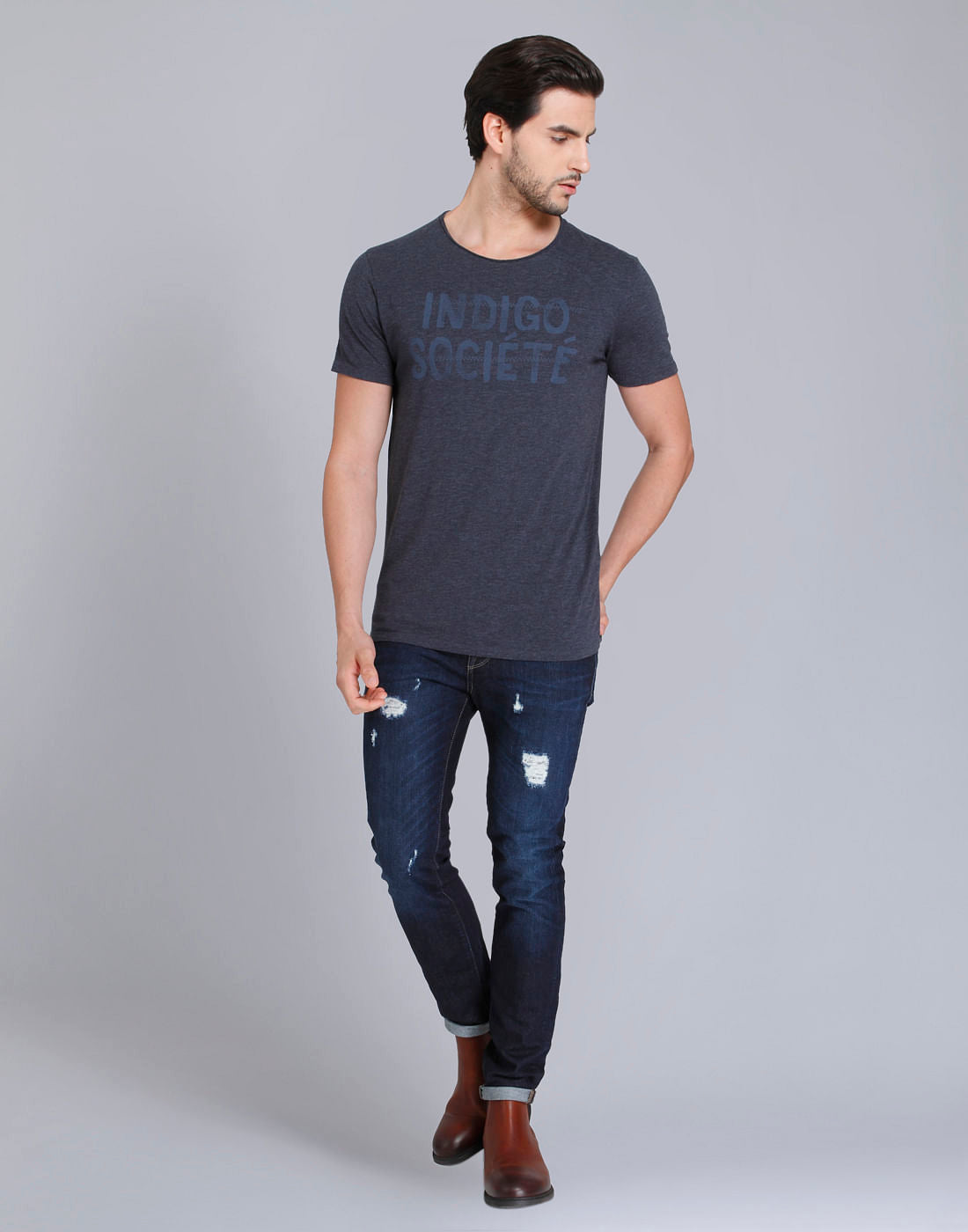 Blue Printed Crew Neck T-Shirt
