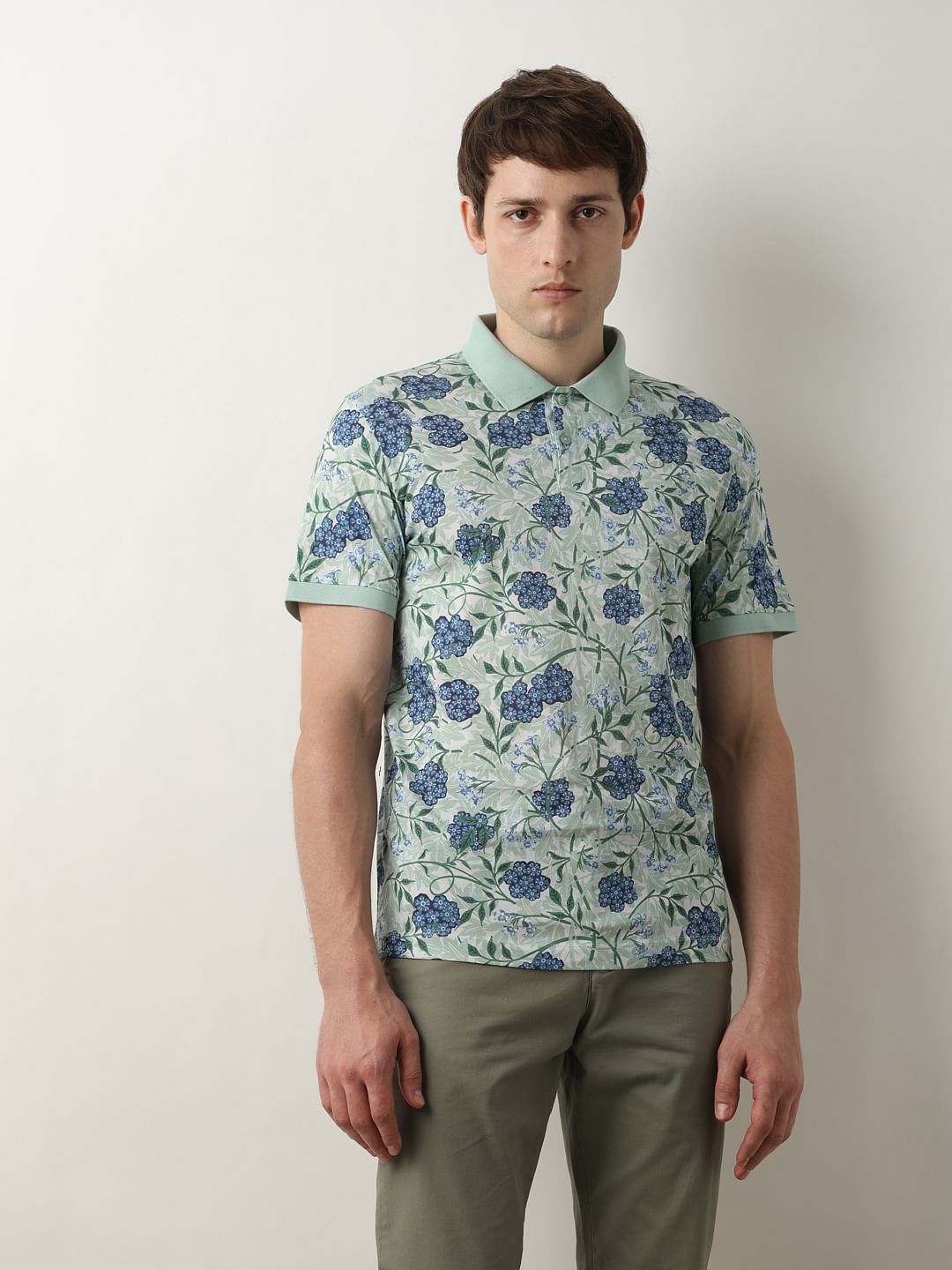 Blue Floral Print Polo T-Shirt