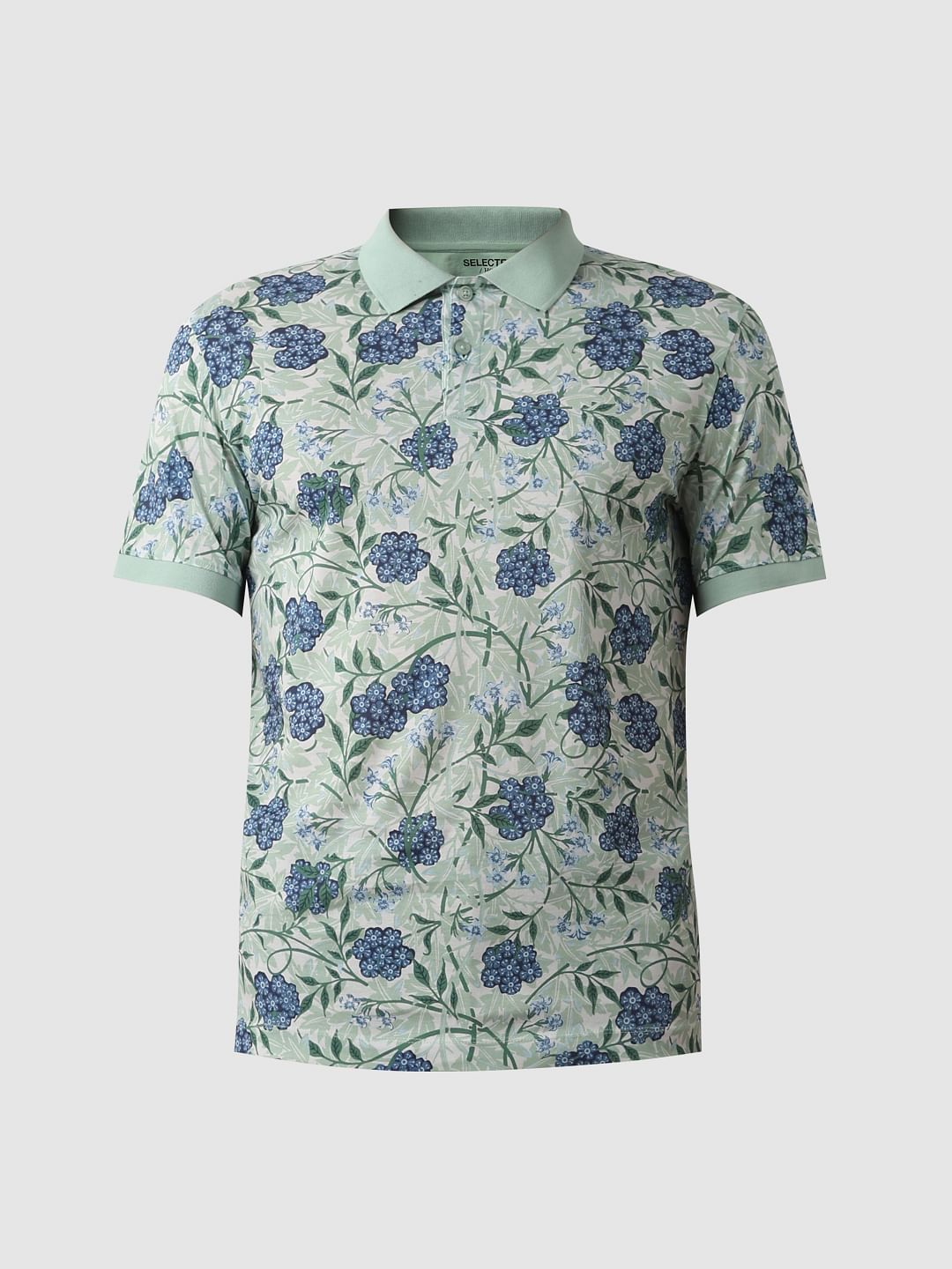 Blue Floral Print Polo T-Shirt